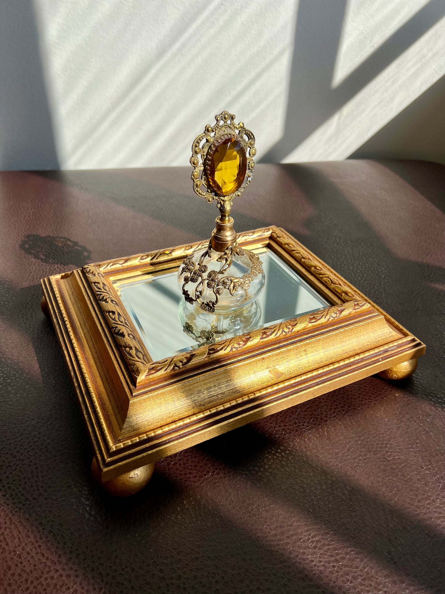 Gold Plated Ornate Perfume Bottle with Topaz Color Stone and Dauber, Ormolu Filigree
