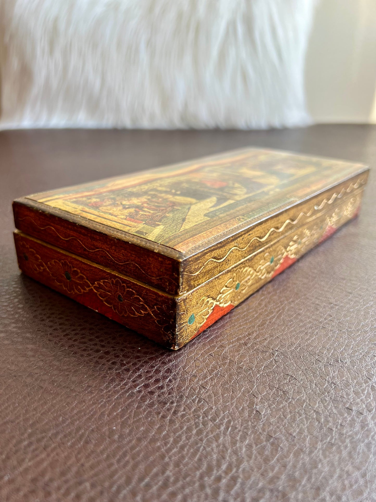 Italian Florentine Gold Gilt Large Jewelry/ Trinket Wooden Box, Wedding Scene on Top of the Lid