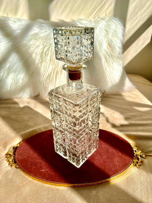 Vintage Cut Glass Square Bourbon/ Liquor Decanter Corked Bottle with Original Metal Chained, 750 ml