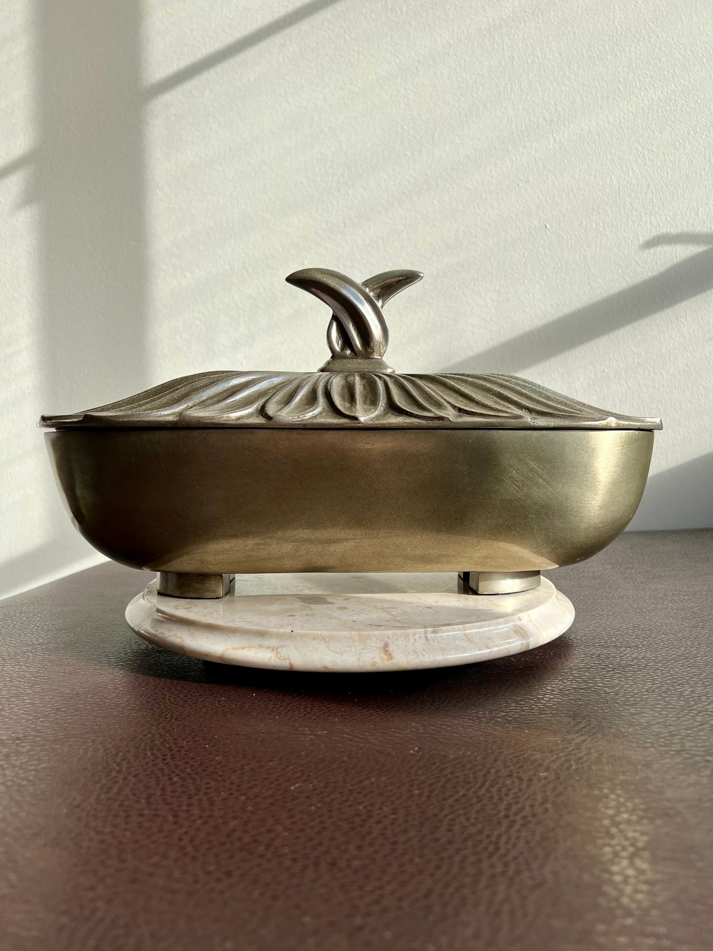Art Deco Style Big Silver Plated Vintage Oval Metal Bowl with Decorative Flower Petal-shaped Lid, Numbered