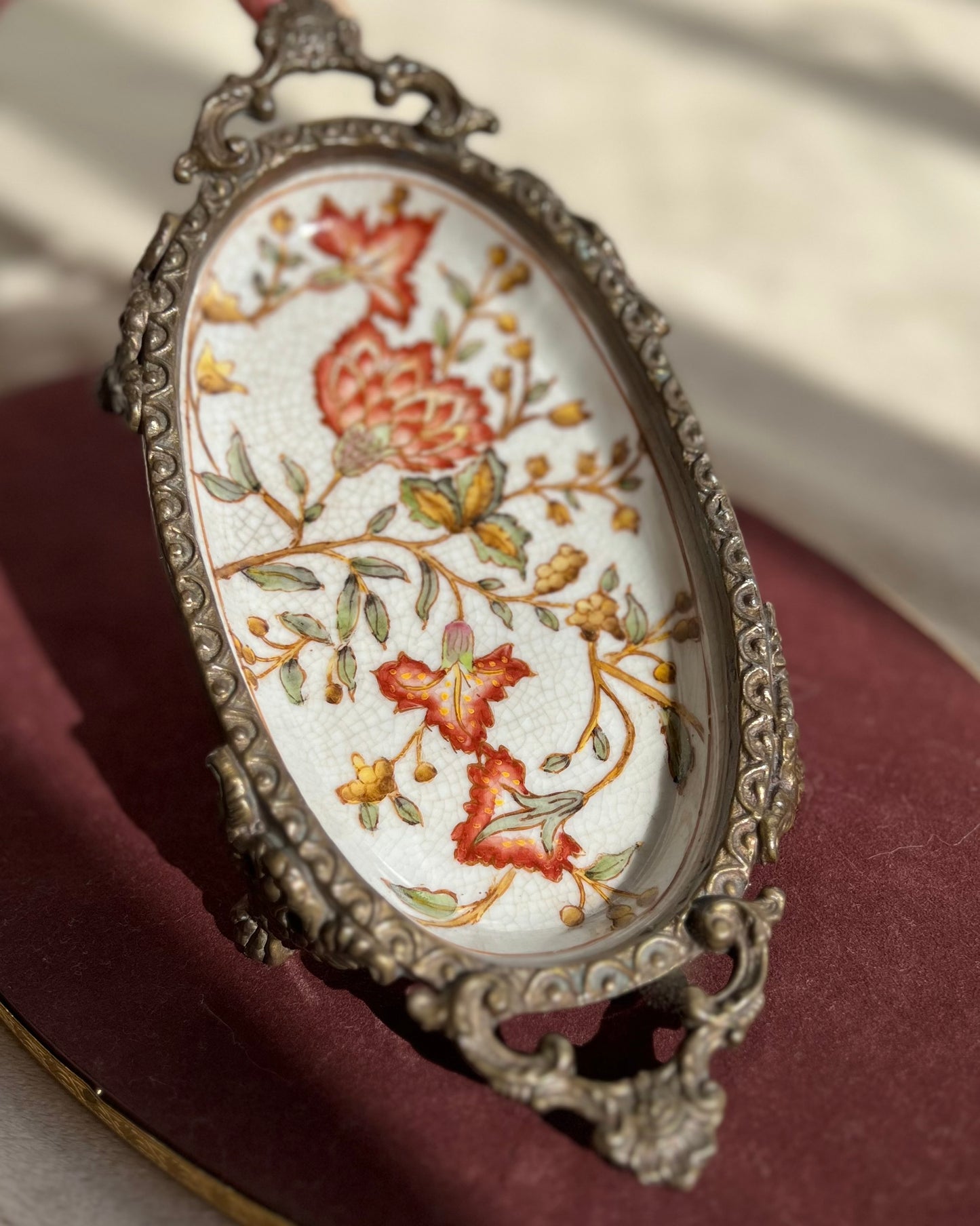 Vintage Chinese Brass and Porcelain Footed Floral Soap Dish Or Trinket Dish