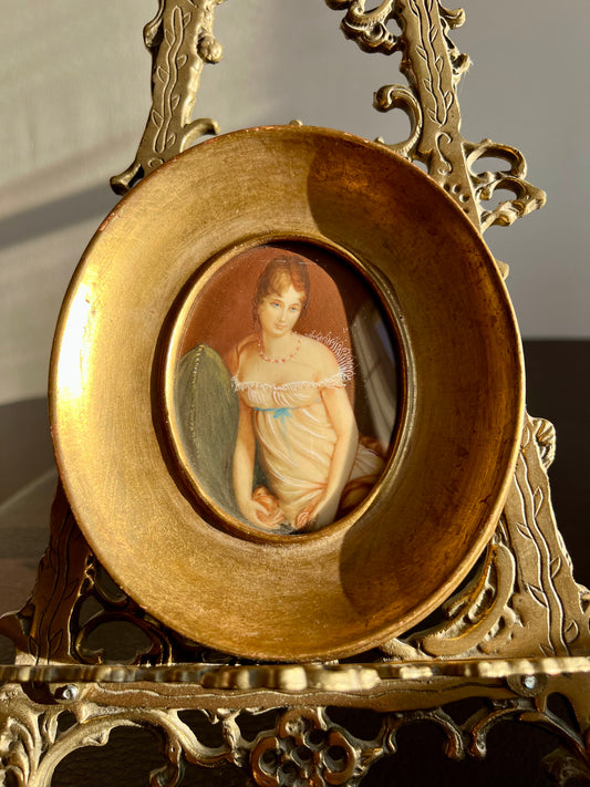 Antique/ Vintage Miniature Italian Original Art, Signed Hand Painted Portrait, Lady in Nightgown with Gilded Wooden Frame