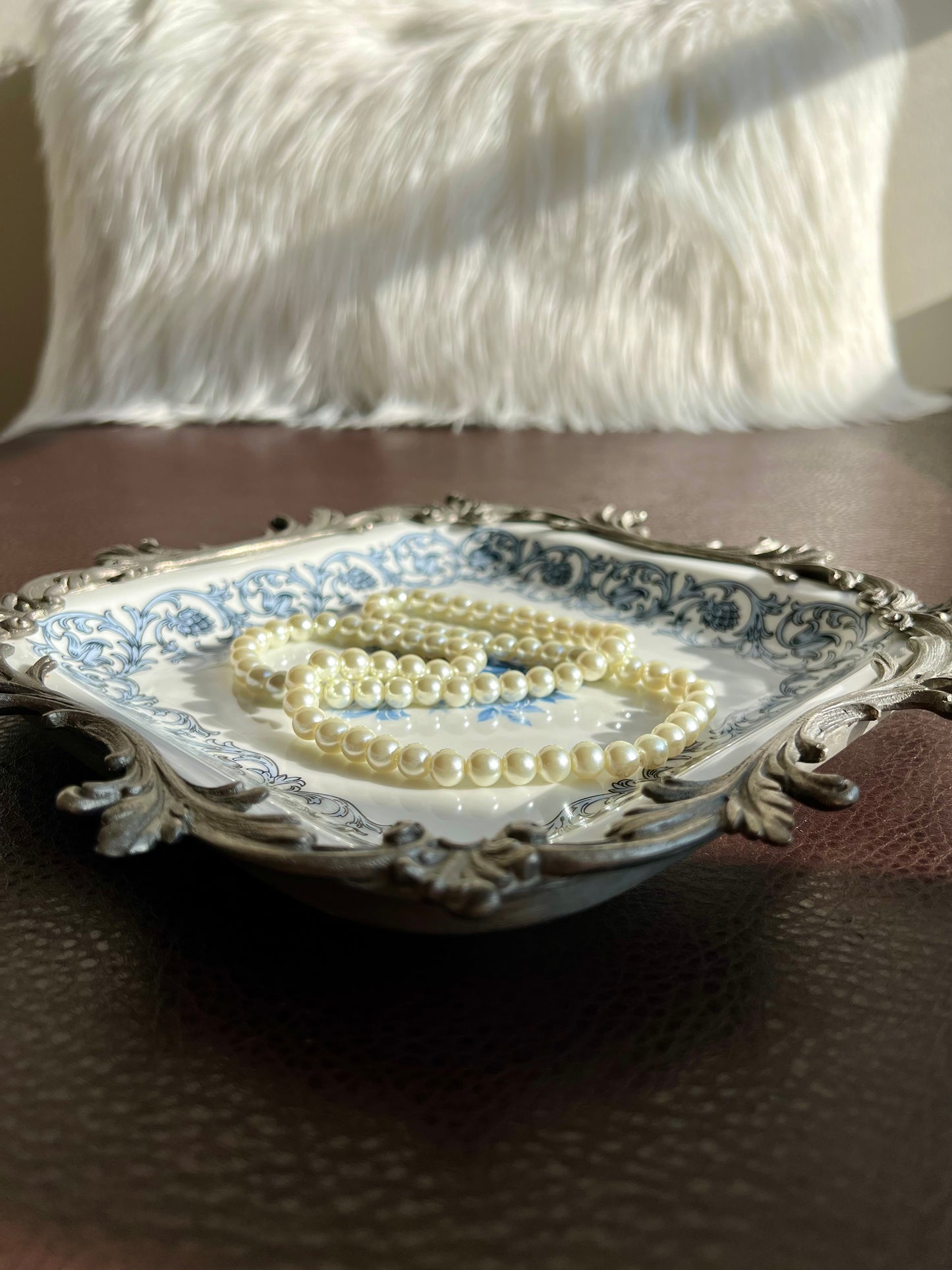 Bavaria Blue Floral Porcelain Square Plate with Decorative Metal Border