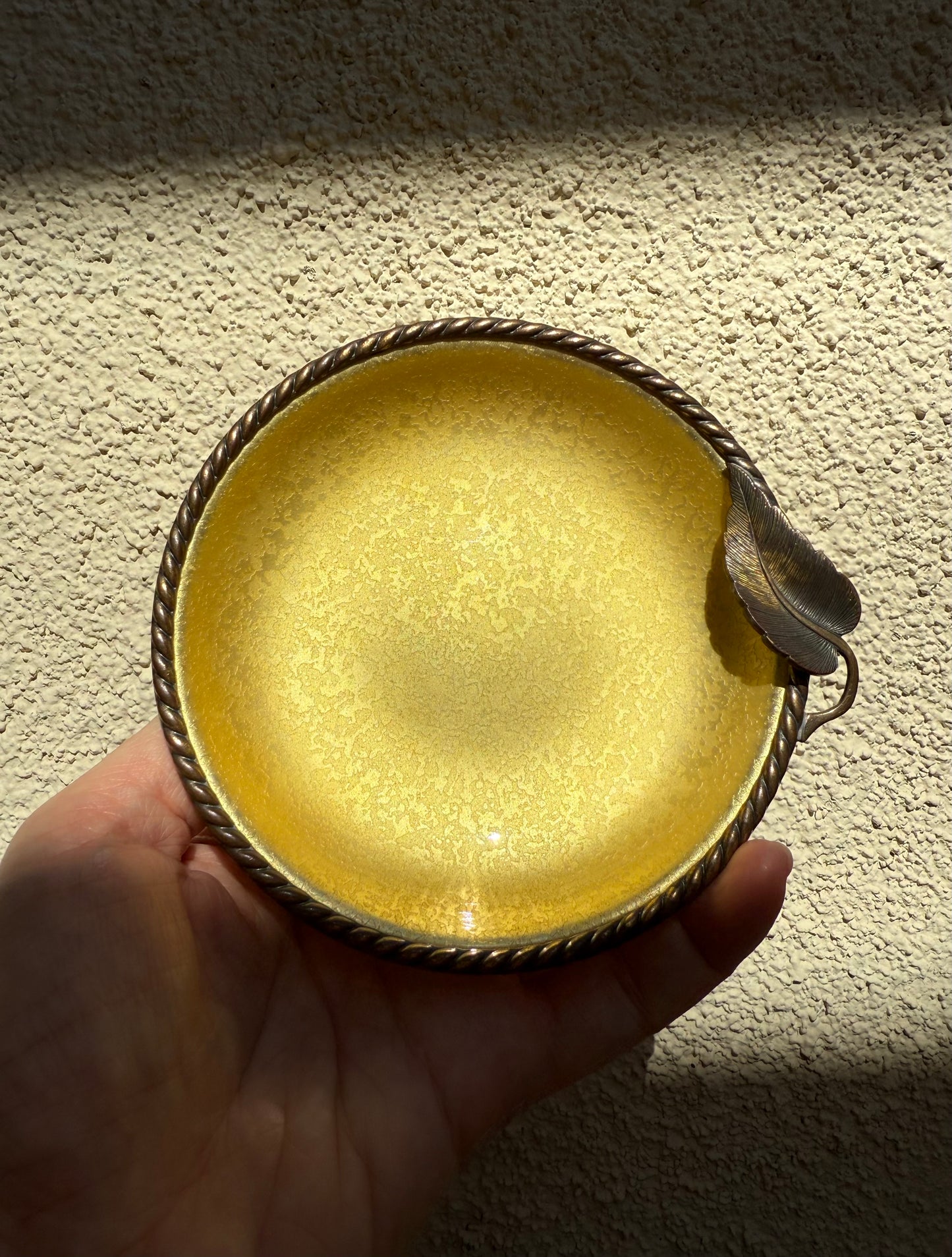 Vintage 1950s Small Yellow Round Guilloche Ashtray, Enamel on Metal Dish/ Plate or Jewelry Holder Tray with Leaf Decoration by Evans