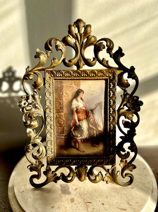 Antique Hand-Painted Original Signed Art of Porcelain Painting with Gilded Florentine Frame from Late 1800s
