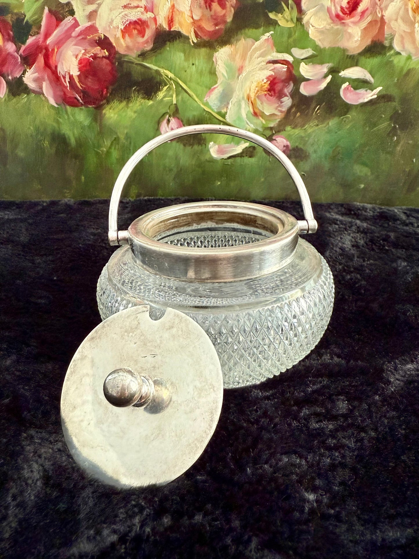 Antique Silver-Plated William Hutton & Sons British Cut Glass Biscuit Jar or Candy Holder with Lid and Handle