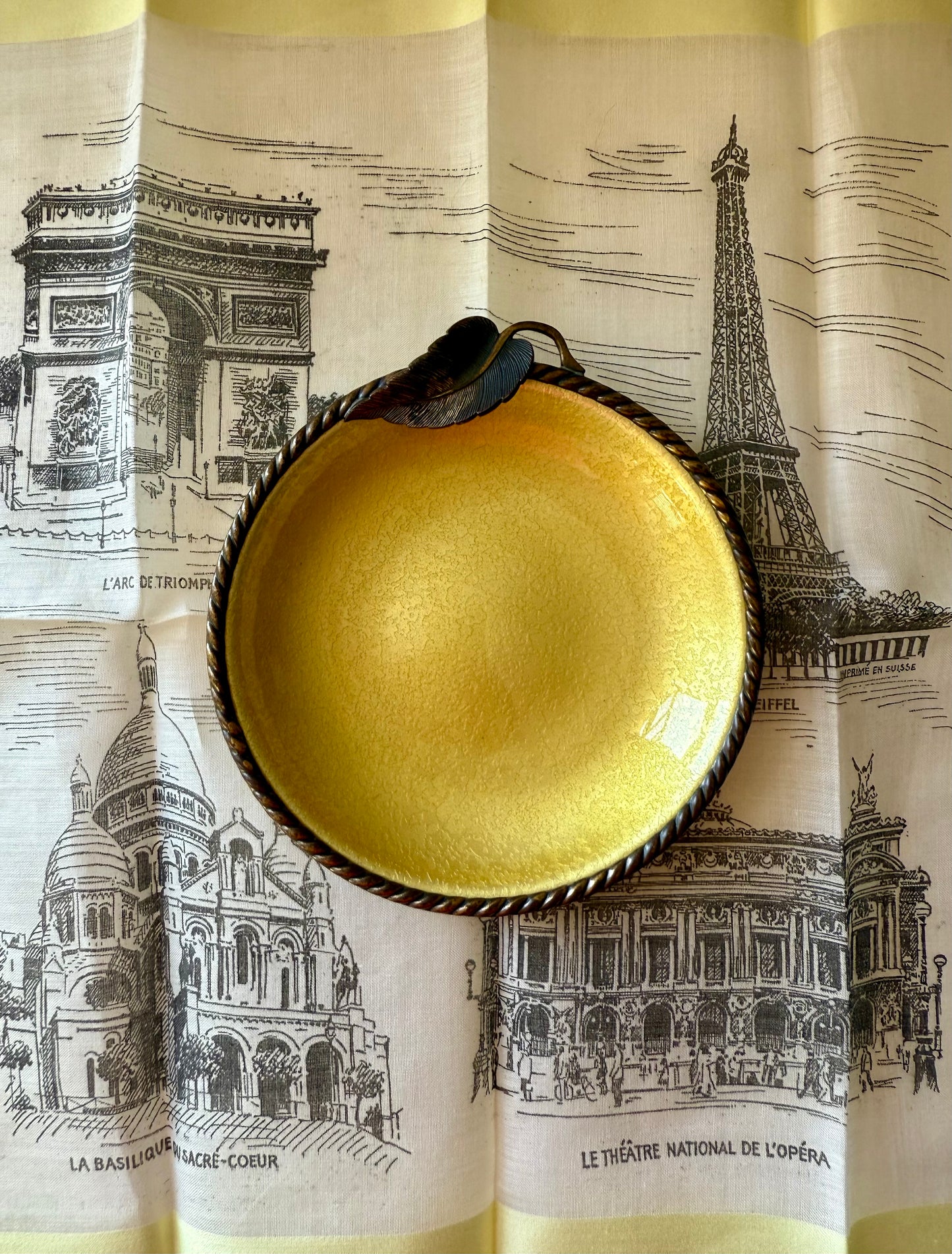 Vintage 1950s Small Yellow Round Guilloche Ashtray, Enamel on Metal Dish/ Plate or Jewelry Holder Tray with Leaf Decoration by Evans