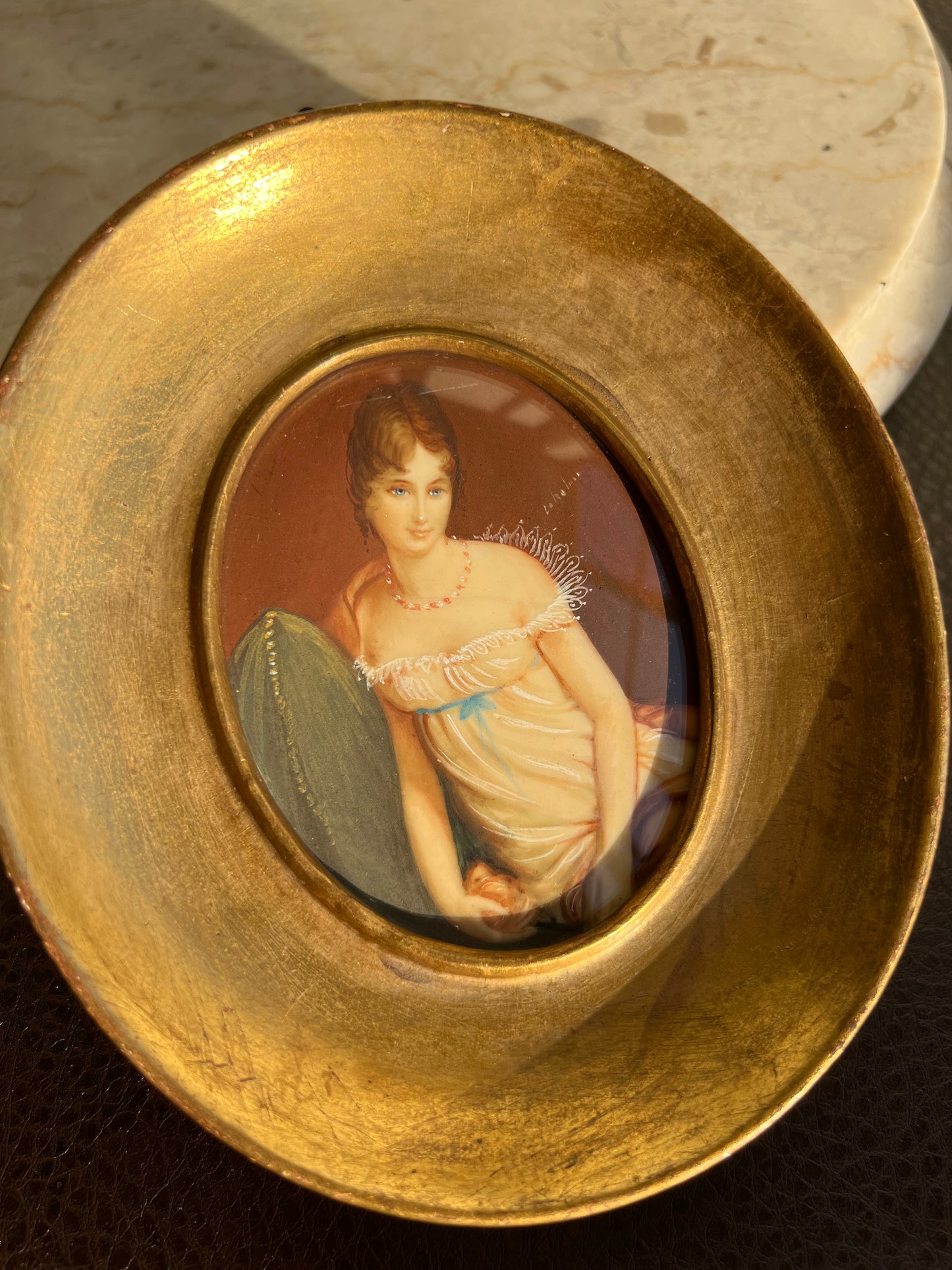 Antique/ Vintage Miniature Italian Original, Signed Hand Painted Portrait, Lady in Nightgown with Gilded Wooden Frame
