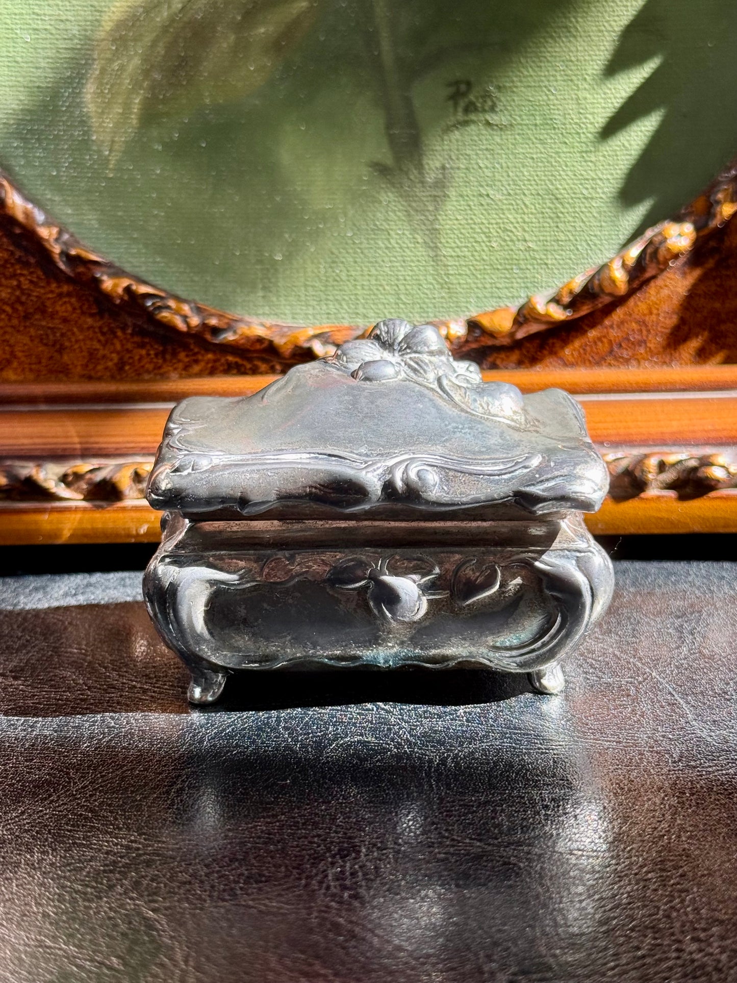Antique Art Nouveau Metal Floral Casket Jewelry Box, from Early 20th Century, Made by Jennings Brothers (JB 181)
