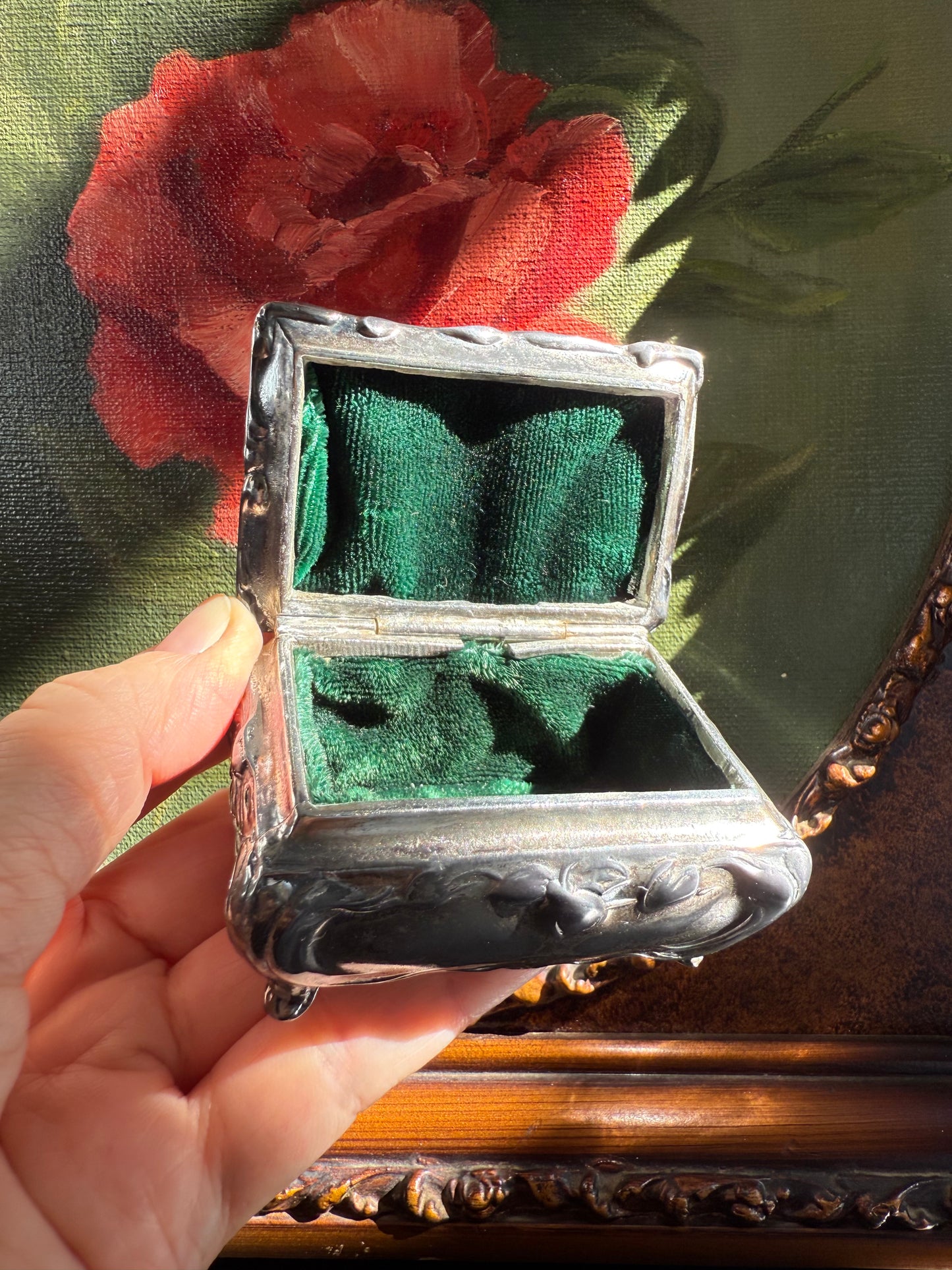 Antique Art Nouveau Metal Floral Casket Jewelry Box, from Early 20th Century, Made by Jennings Brothers (JB 181)