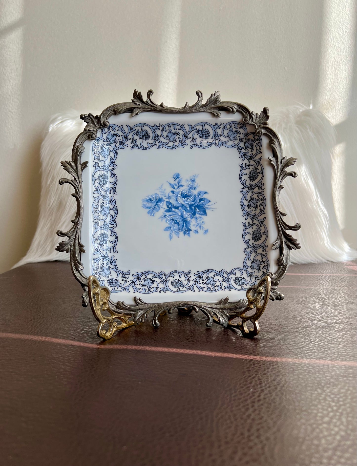 Bavaria Blue Floral Porcelain Square Plate with Decorative Metal Border