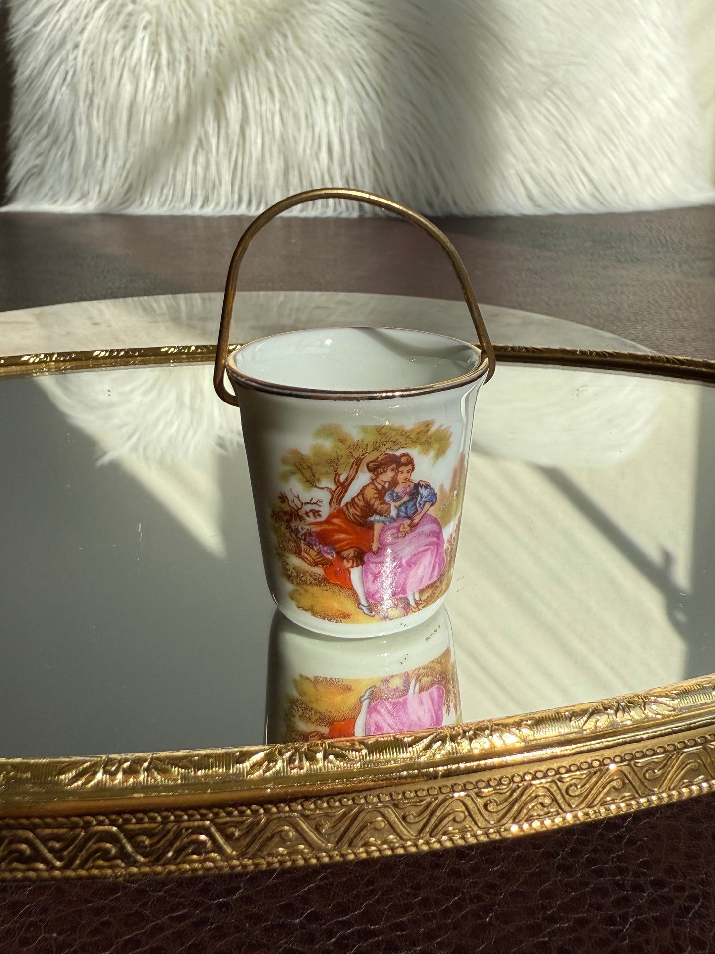 Limoges Miniature Vintage Porcelain Bucket/ Pail with Handle, Decorated with a Courting Couple, Made in France
