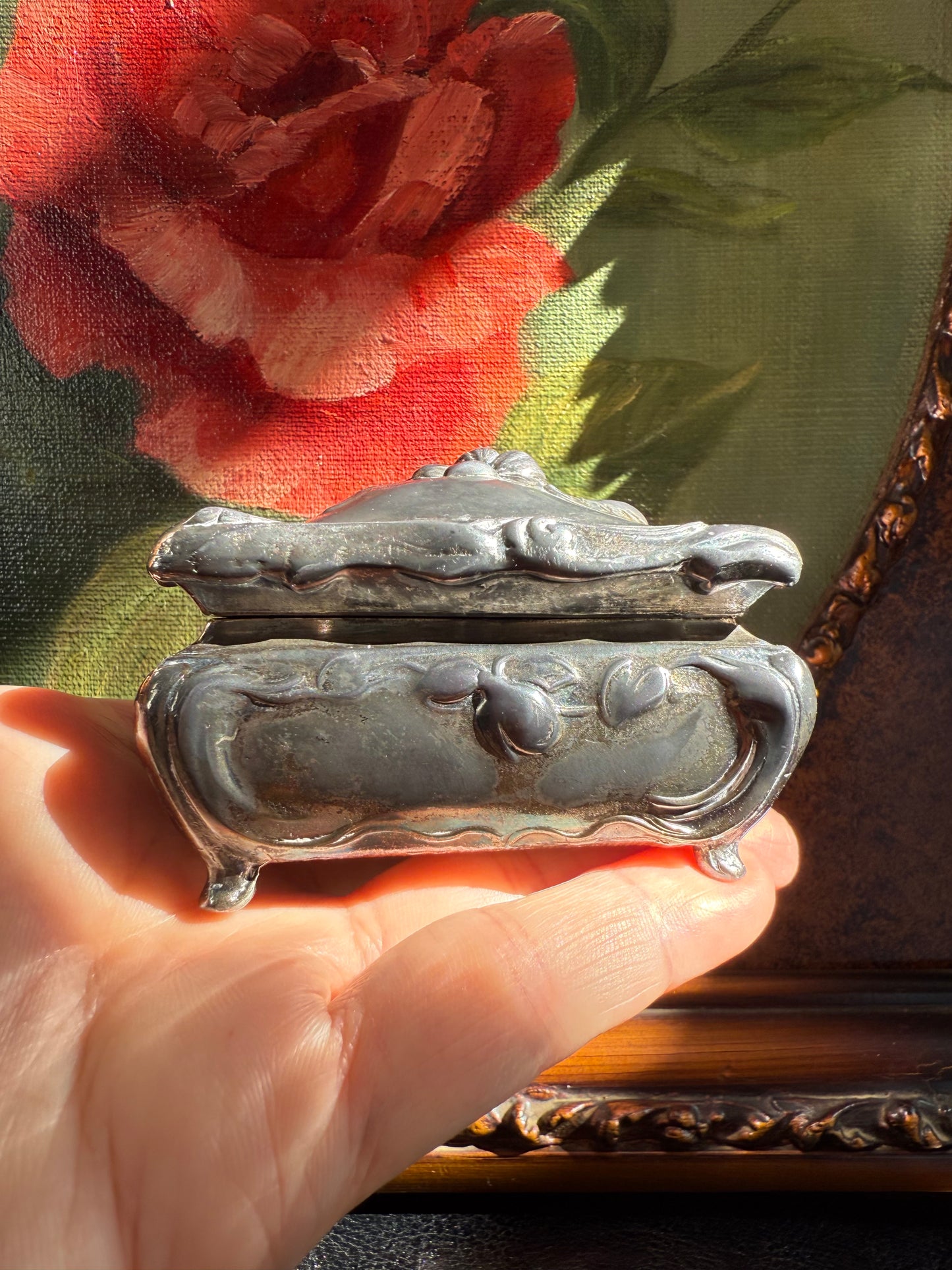 Antique Art Nouveau Metal Floral Casket Jewelry Box, from Early 20th Century, Made by Jennings Brothers (JB 181)