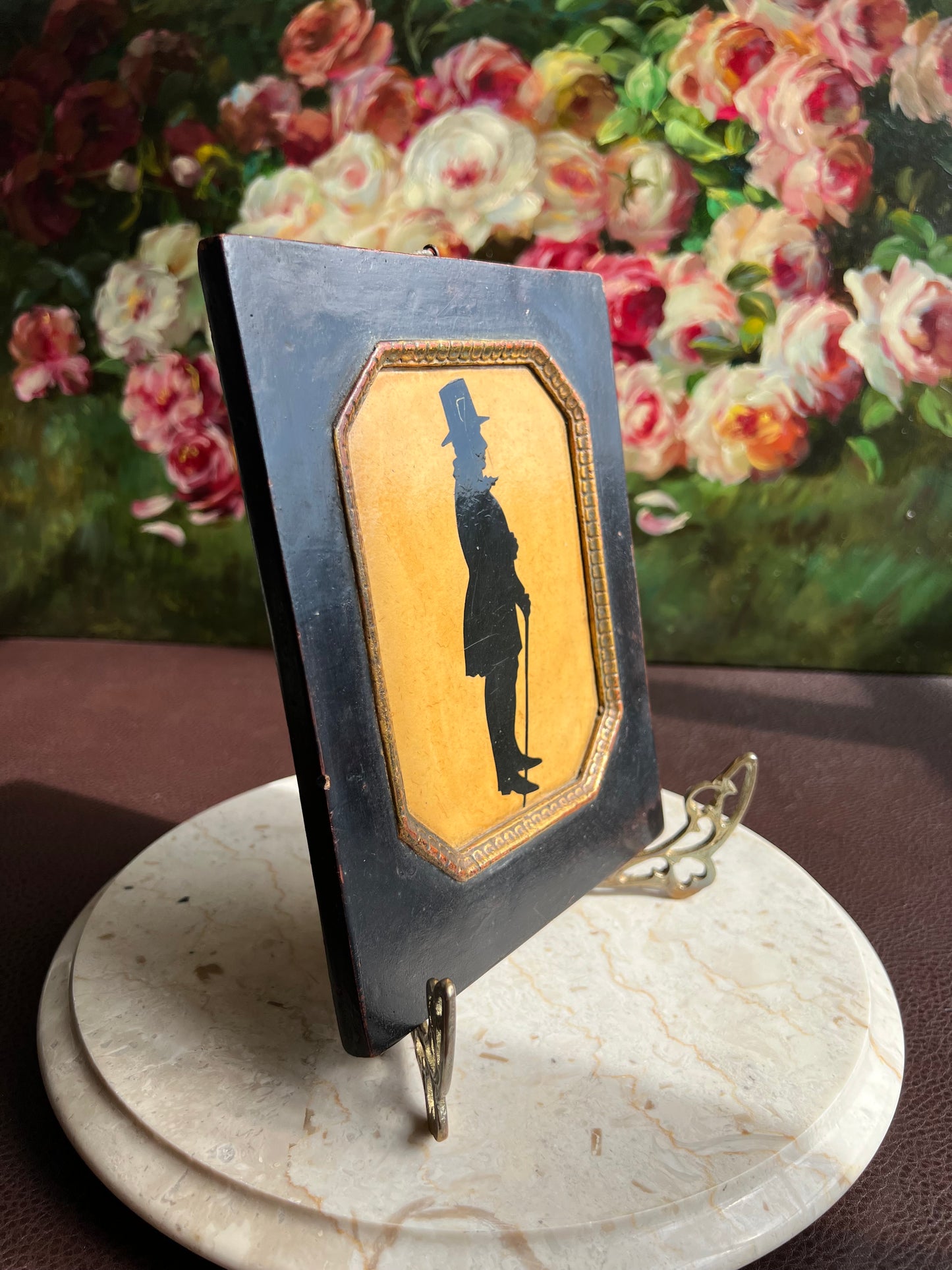 Antique Style Borghese Silhouette Plaque Portrait of a Victorian Lady and Gentleman with Wooden Framed (2 pc, a pair)