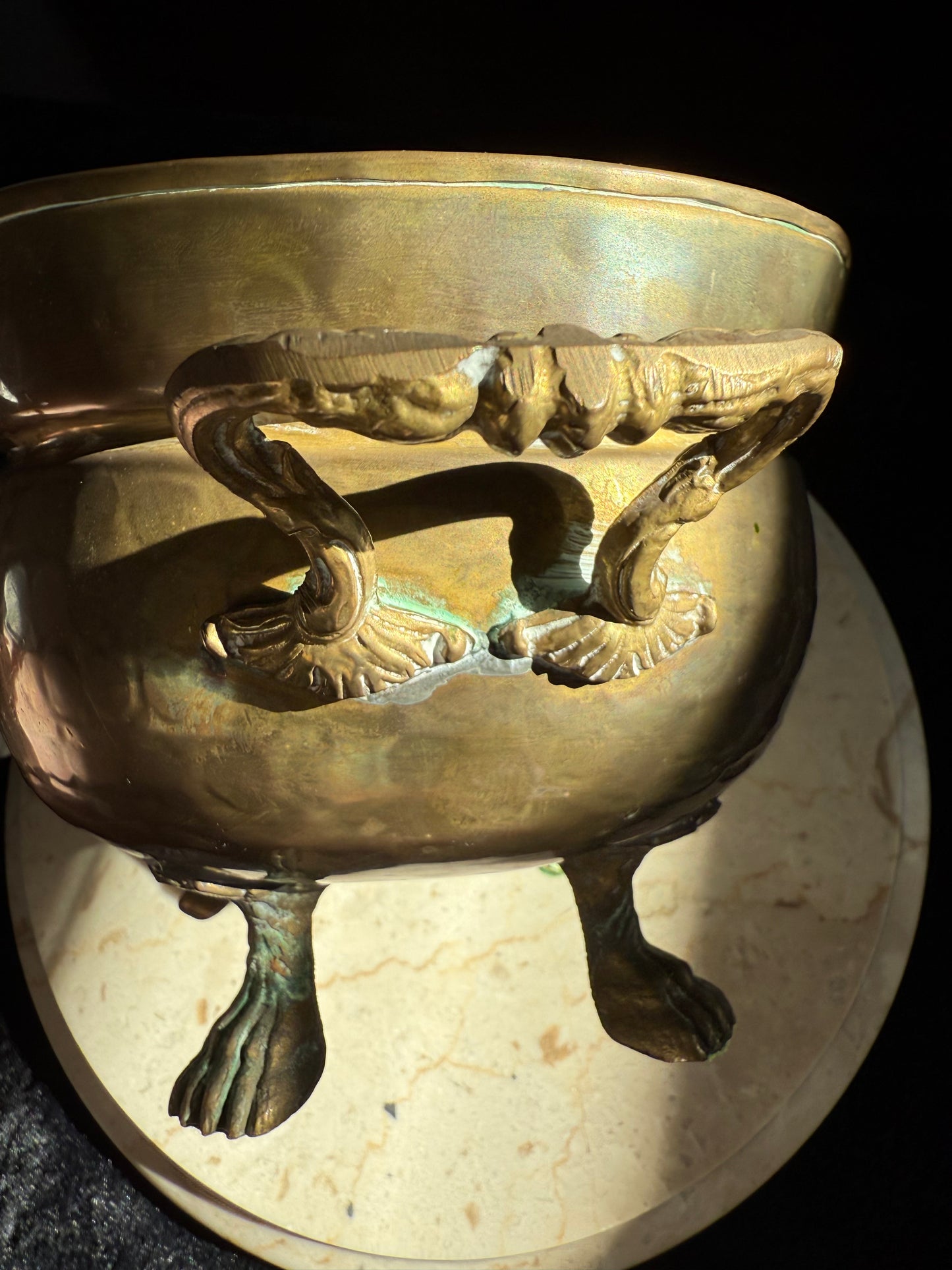 Vintage Brass Flower Pot or Planter with Handles and Four-Legged Lion Paws - Made in Spain
