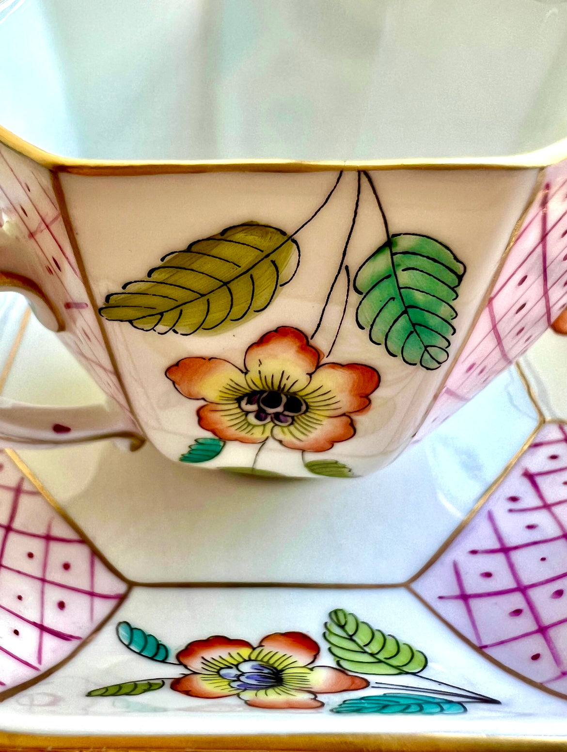 Very Unique Limoges France Vintage Porcelain Tea or Coffee Cup with Saucer & Floral Design, Decorated in Italy