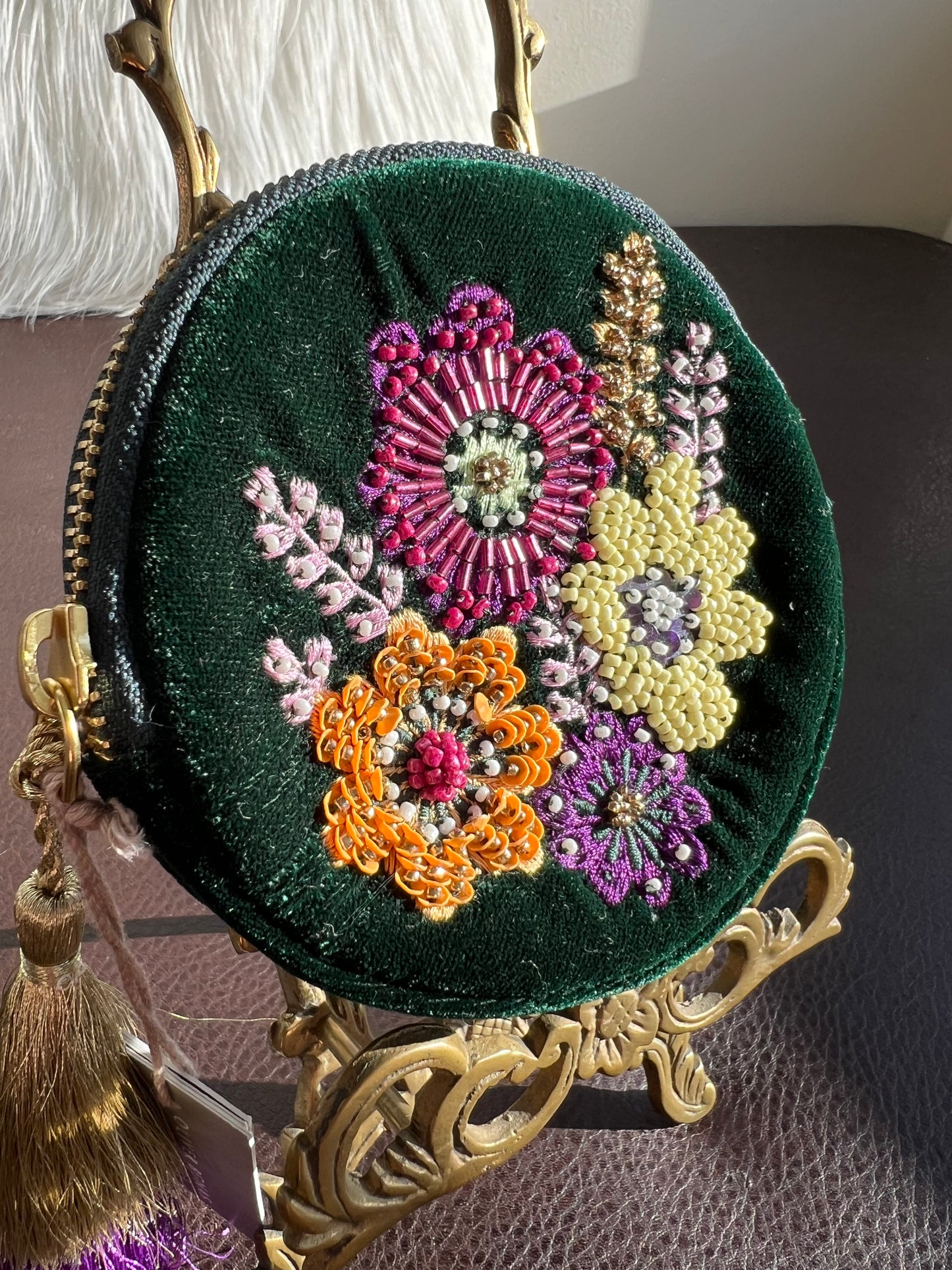 Round Beaded Mini Makeup Case Dark Green Plush Purse/ Bag with Floral Motif Decoration