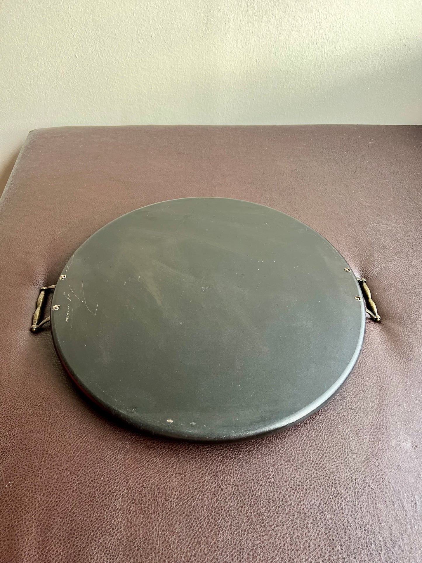 Big Wooden Table Mirror Tray Round Shaped with Two Brass Handles