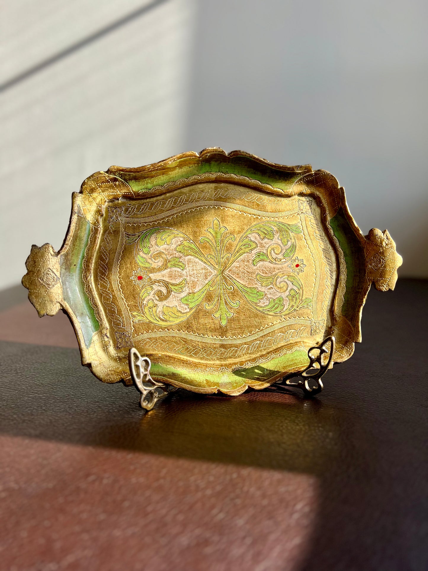 Florentine Italian Style Gold Gilded Vintage Decorative Wooden Tray Green and Gold