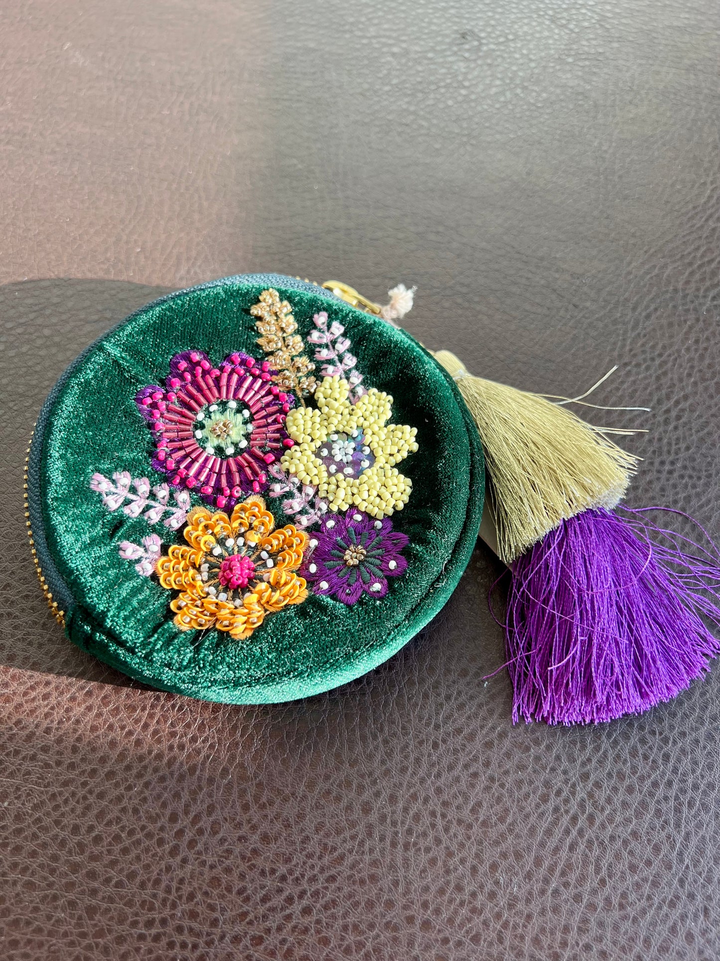 Round Beaded Mini Makeup Case Dark Green Plush Purse/ Bag with Floral Motif Decoration