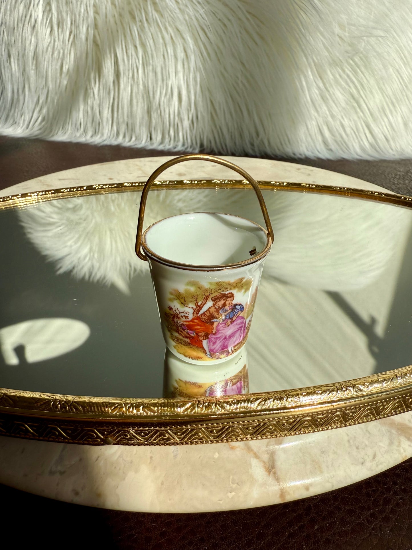 Limoges Miniature Vintage Porcelain Bucket/ Pail with Handle, Decorated with a Courting Couple, Made in France