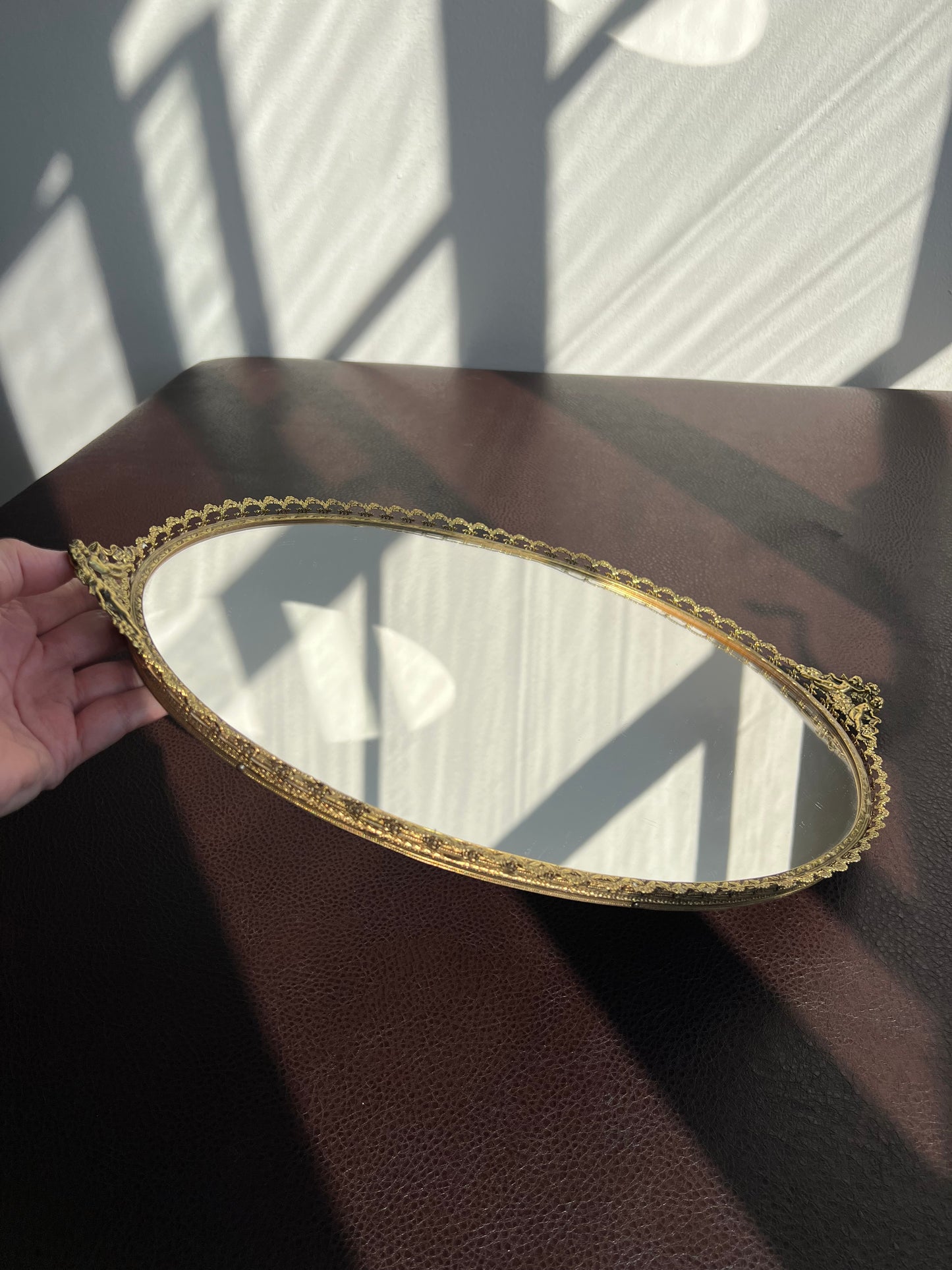 Cherubs Angels Brass Gold Vintage Ormolu Mirror Vanity Tray Oval
