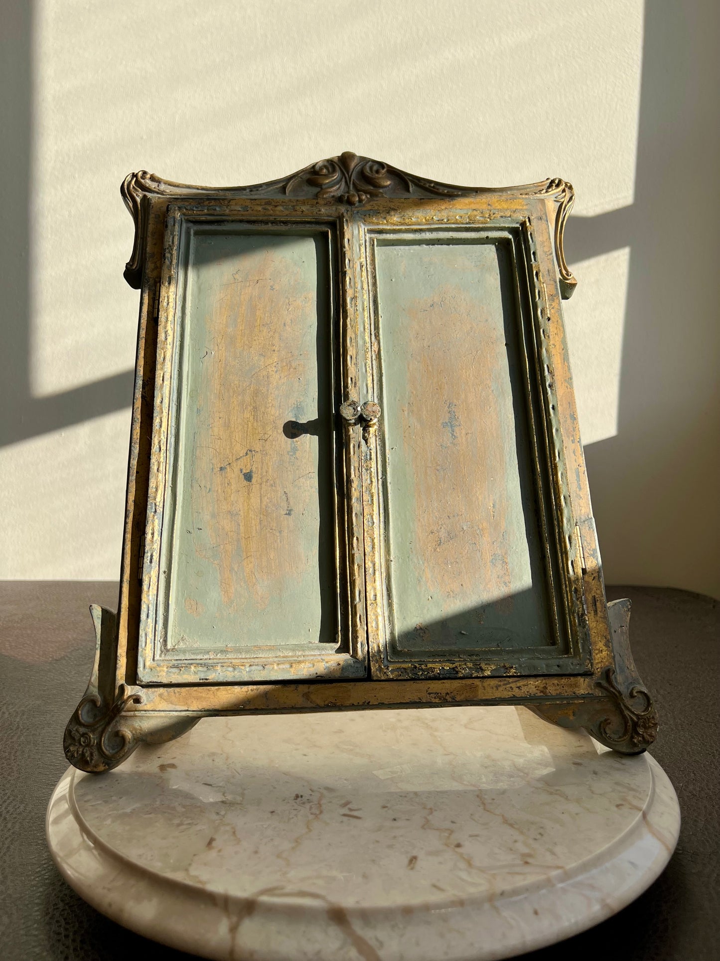 Antique Wood Look Framed Window Mirror With Open Doors