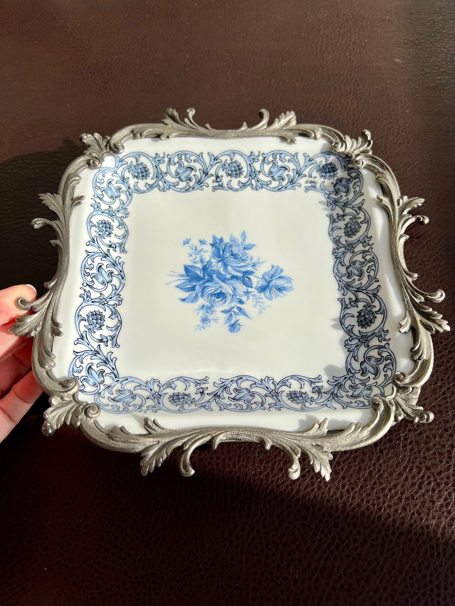 Bavaria Blue Floral Porcelain Square Plate with Decorative Metal Border