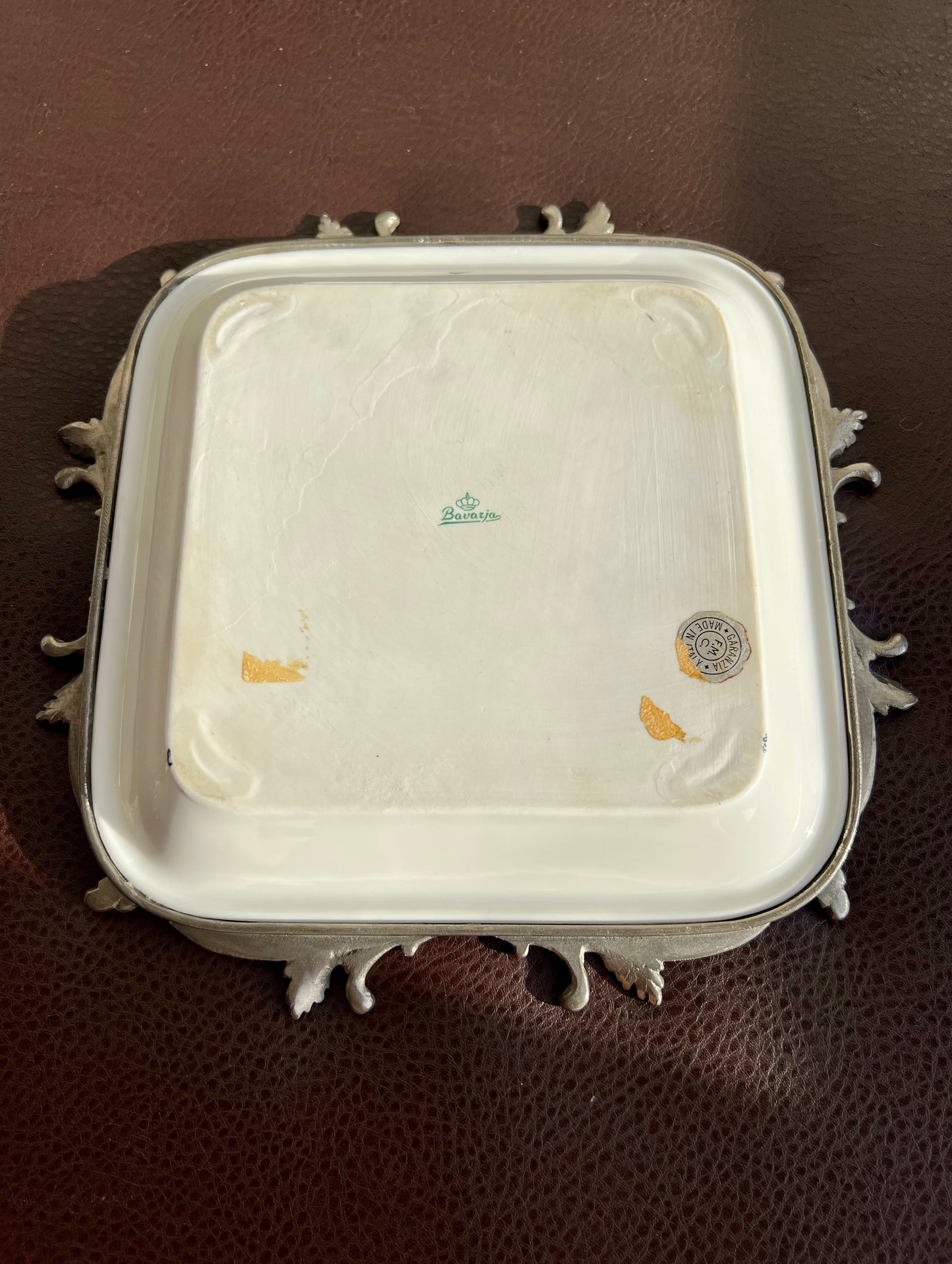 Bavaria Blue Floral Porcelain Square Plate with Decorative Metal Border