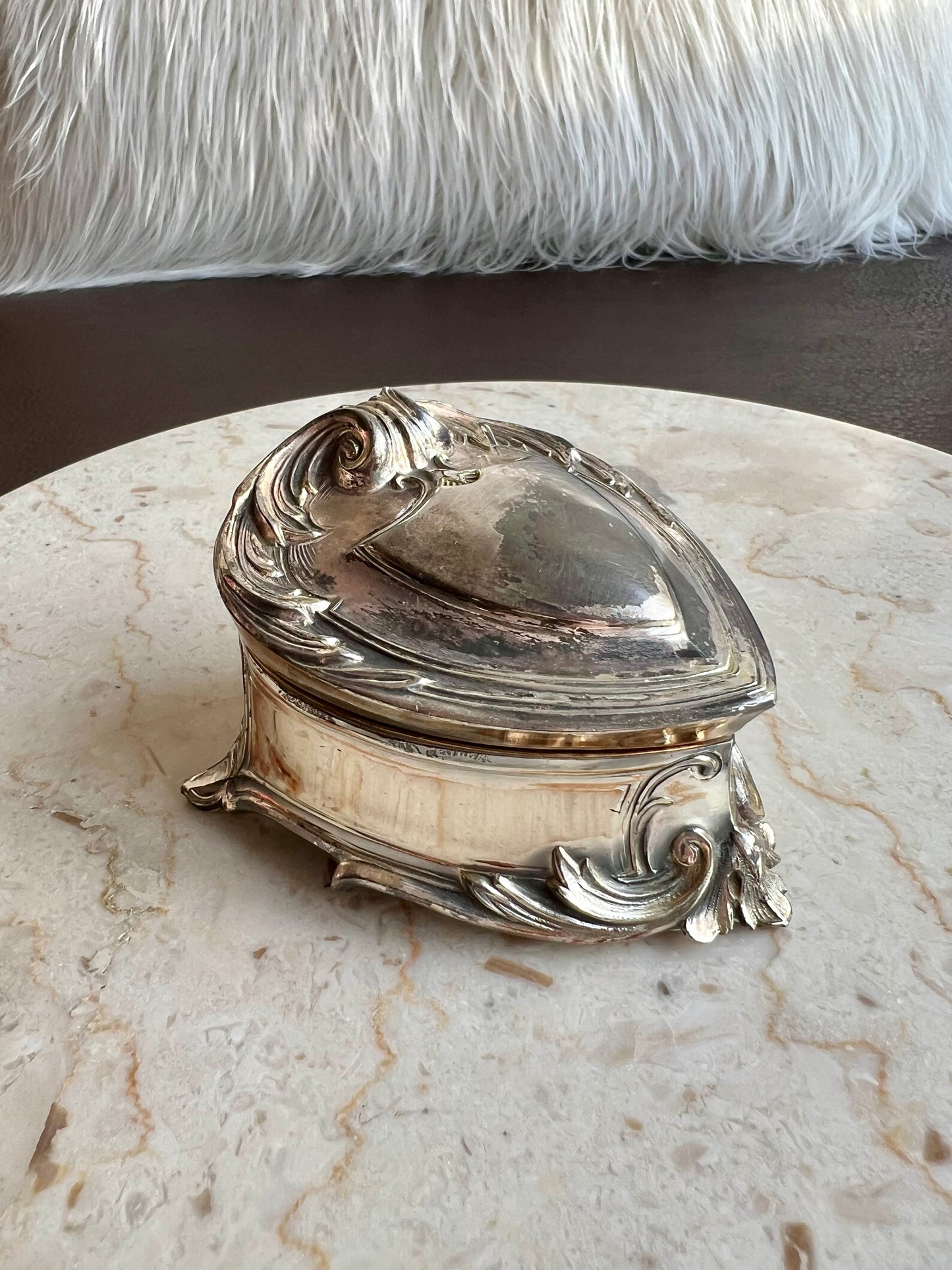 Antique Art Nouveau Silver Plated Heart Shaped Vintage Jewelry Ring Holder, Trinket Box, Blue Velvet Lined Interior
