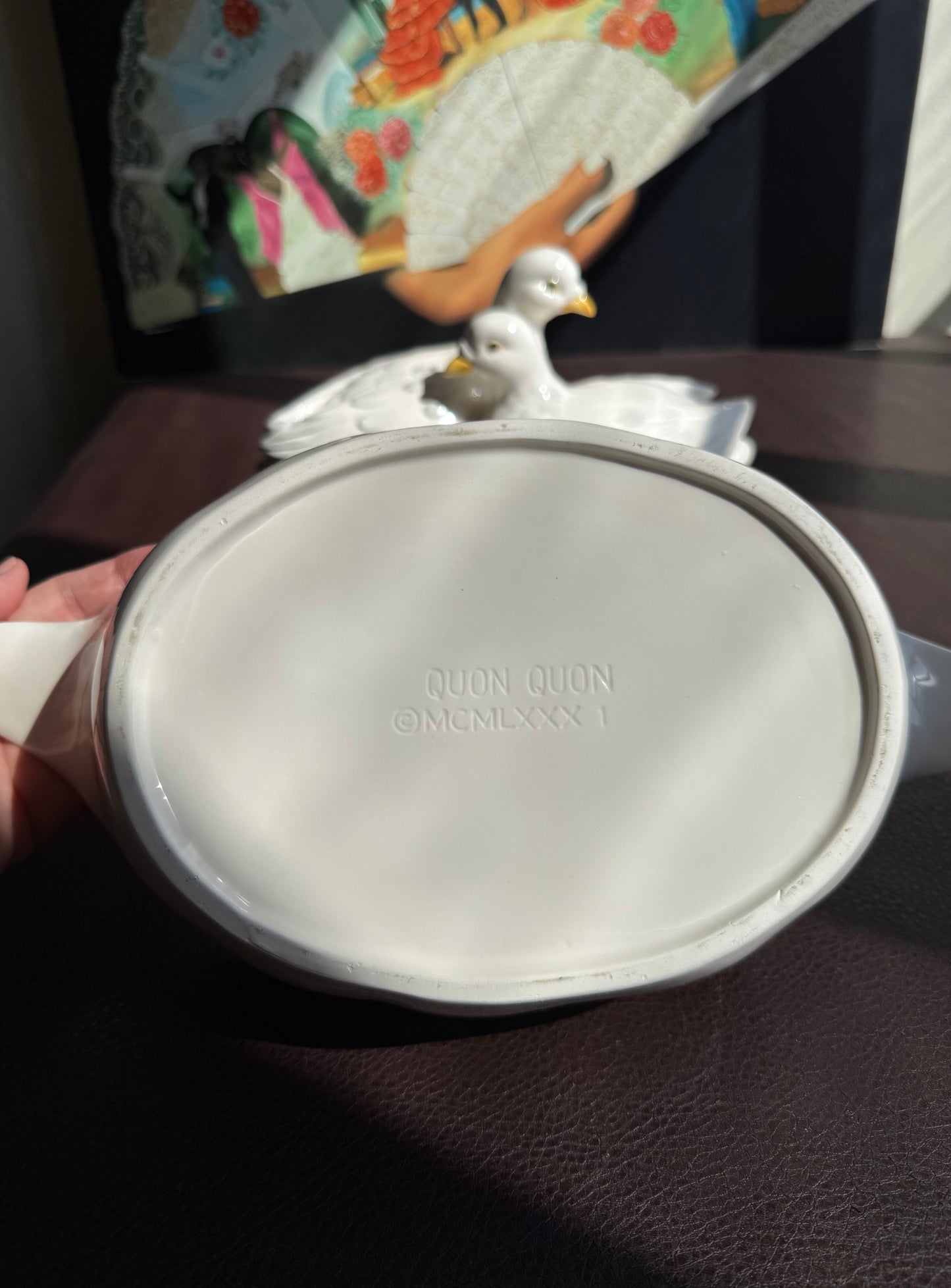Dove Couple & Forget Me Not Flower Figural Hand Painted Vintage White Ceramic Serving Dish or Soup Tureen, Made in Japan
