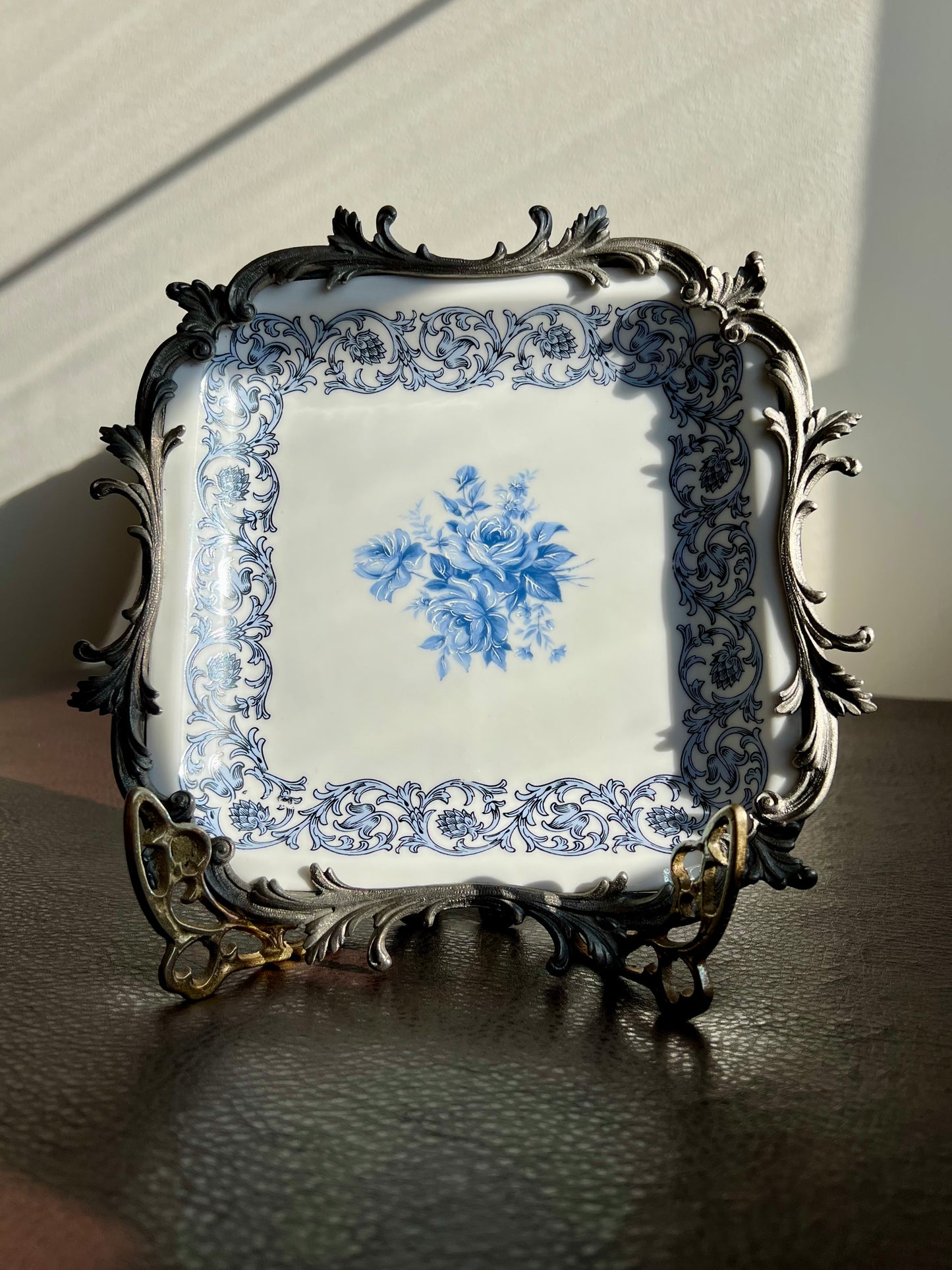 Bavaria Blue Floral Porcelain Square Plate with Decorative Metal Border