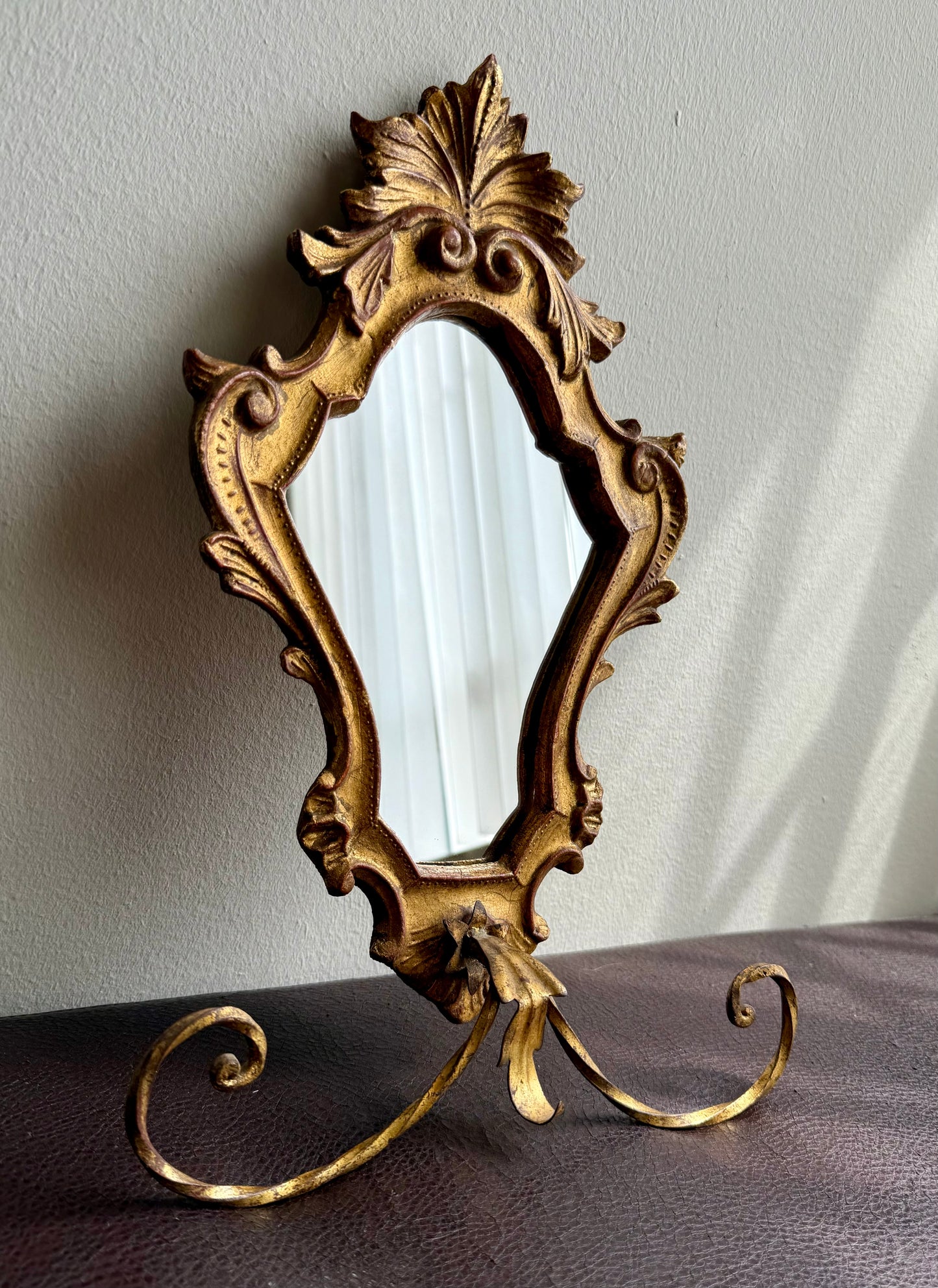 1950s Italian Florentine Rococo Vintage Gilded Wood Wall Mirror with Metal Towel Holder