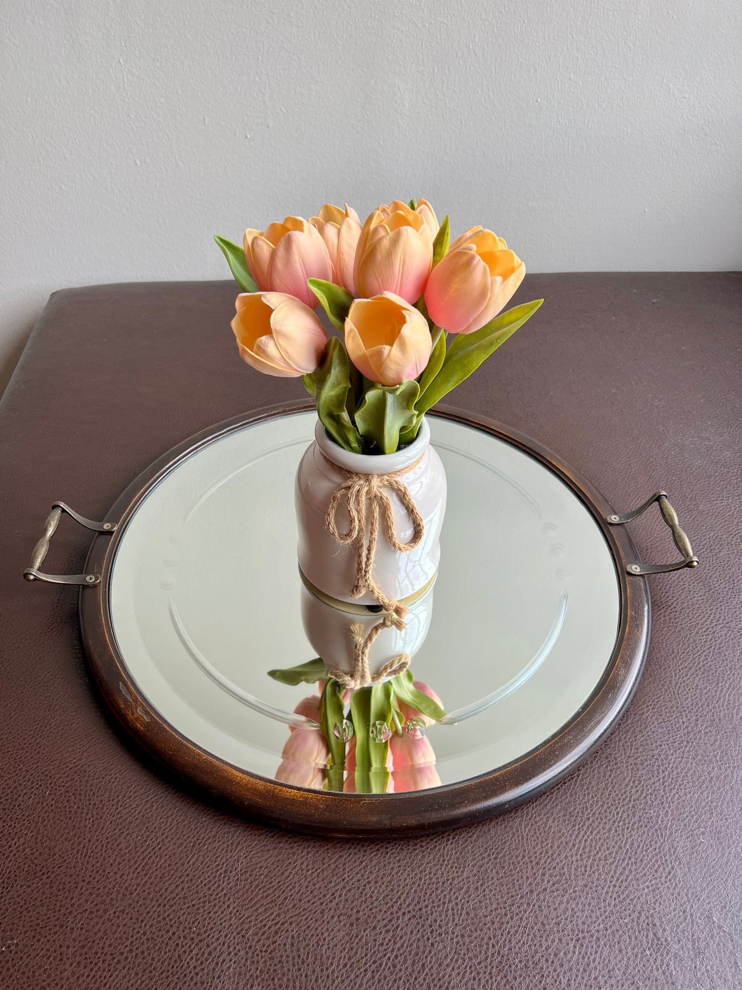 Big Wooden Table Mirror Tray Round Shaped with Two Brass Handles
