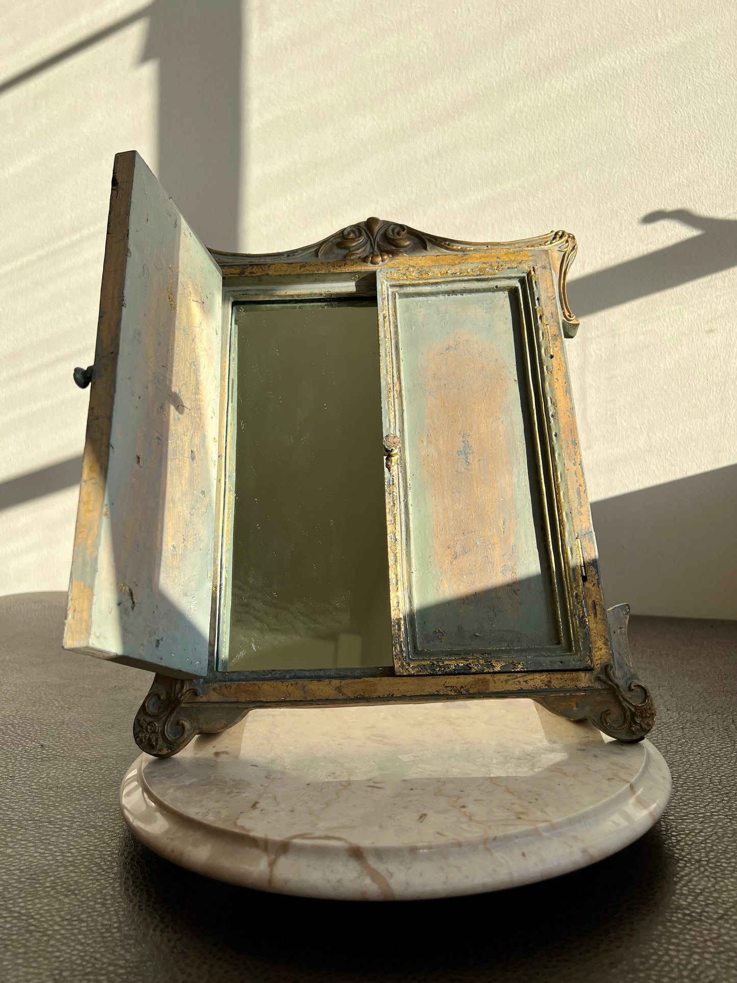 Antique Wood Look Framed Window Mirror With Open Doors