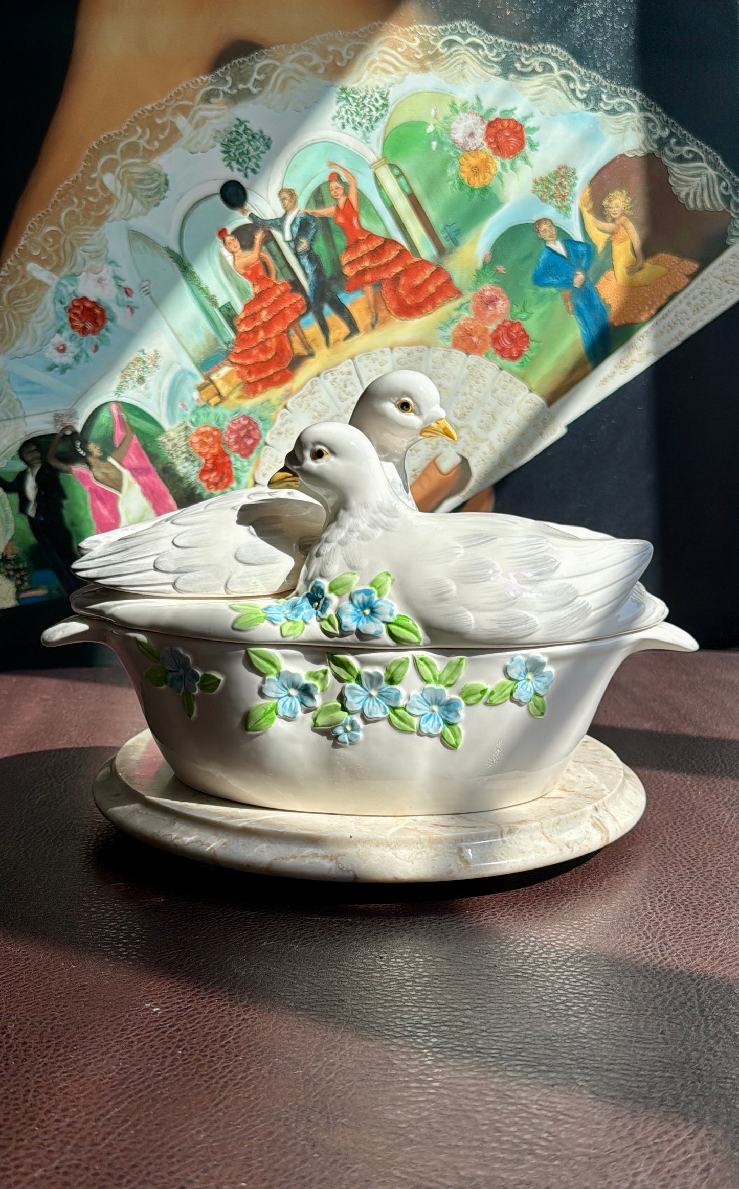 Dove Couple & Forget Me Not Flower Figural Hand Painted Vintage White Ceramic Serving Dish or Soup Tureen, Made in Japan