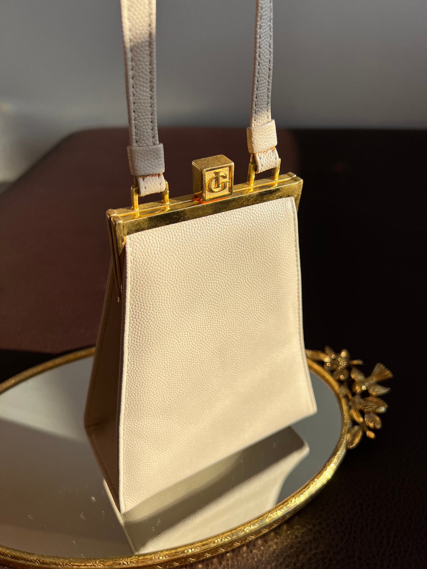 Italian Style Beige Luxury Vintage Elegant Faux Leather Handbag/ Purse with “IG”Monogram on the Gilded Opening Buckle
