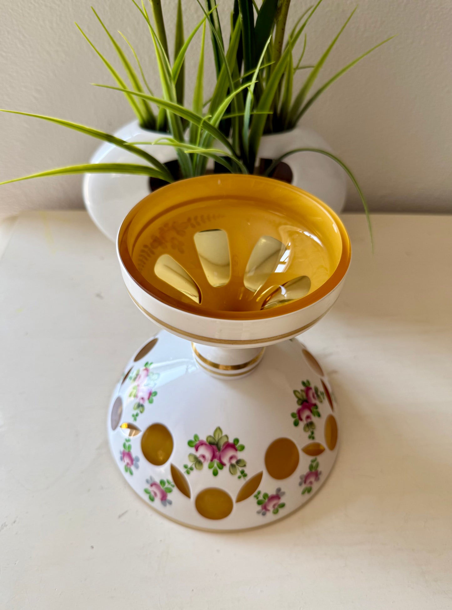 Bohemian Vintage Moser Style Czech Republic Cut Glass Bowl and Floral Painted Candy or Fruit Dish