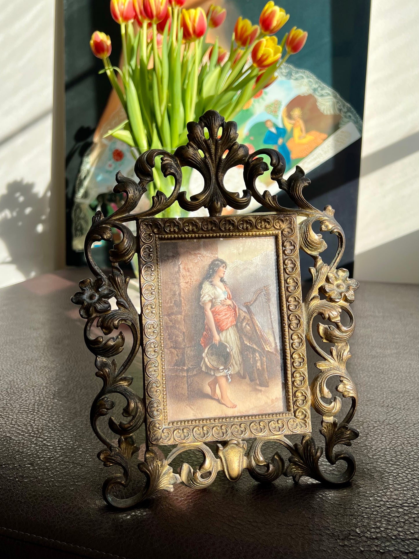 Antique Hand-Painted Original Signed Art of Porcelain Painting with Gilded Florentine Frame from Late 1800s
