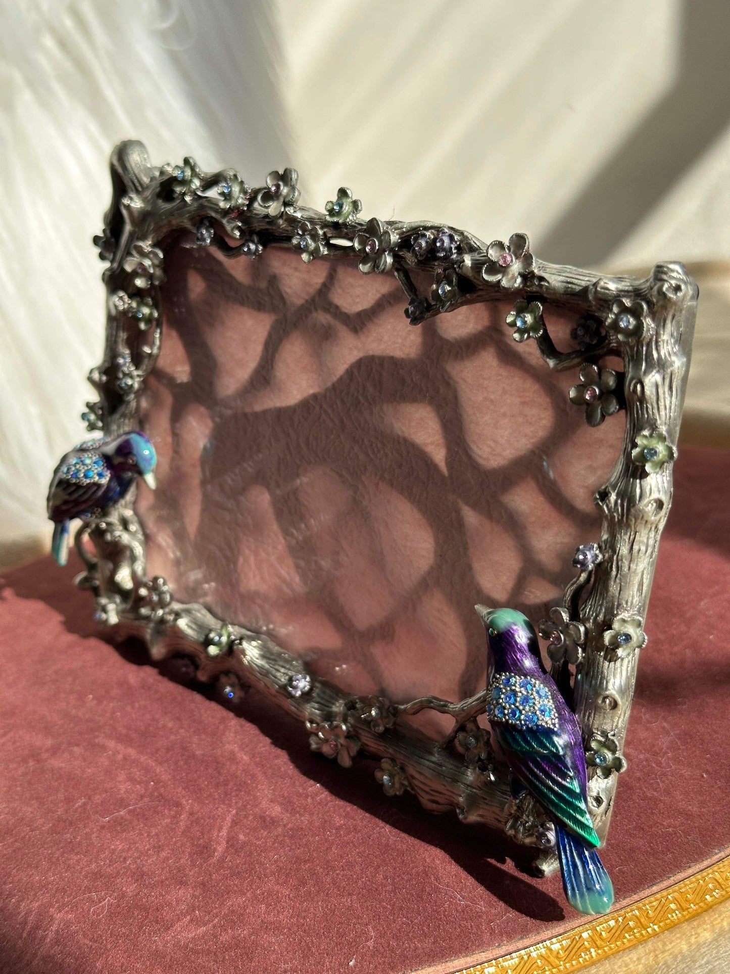Blue Birds Vintage Metal Photo Frame with Rhinestones, Flowers and Tree Branches