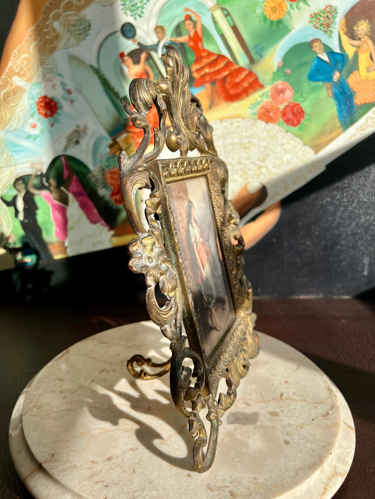 Antique Hand-Painted Original Signed Art of Porcelain Painting with Gilded Florentine Frame from Late 1800s