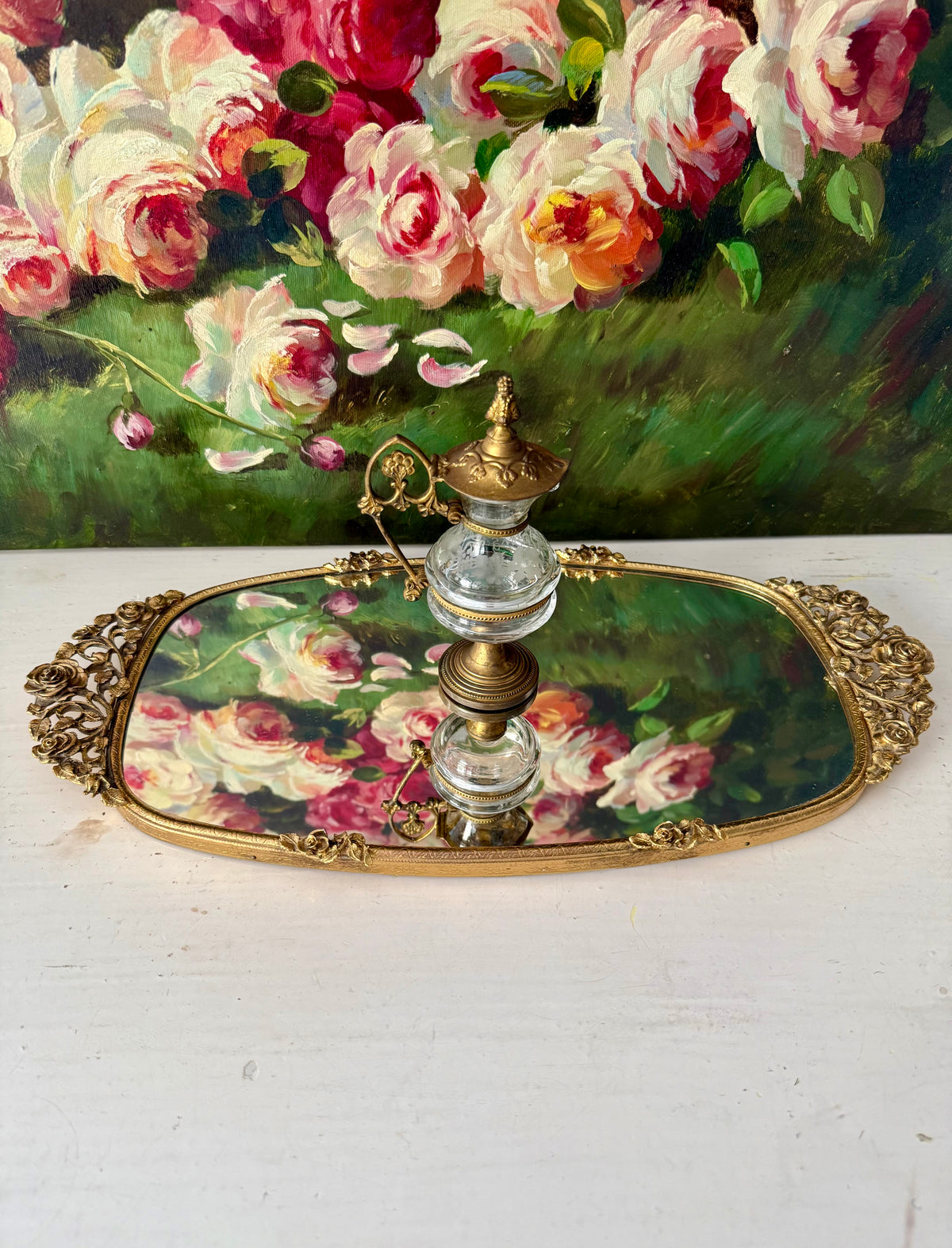 Matson Hollywood Regency Vintage Ornate 24K Gold Gilt Vanity Perfume Mirror Tray with Roses Motifs