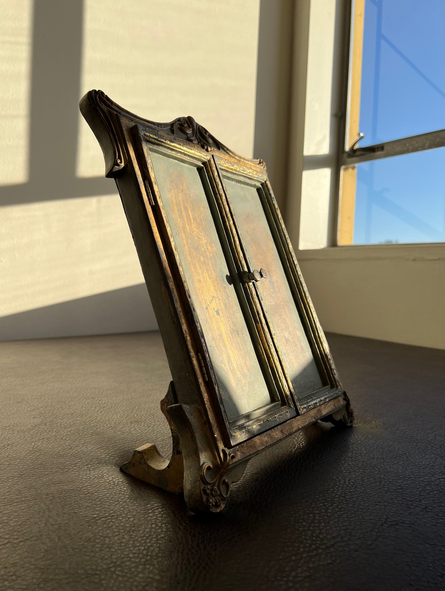 Antique Wood Look Framed Window Mirror With Open Doors