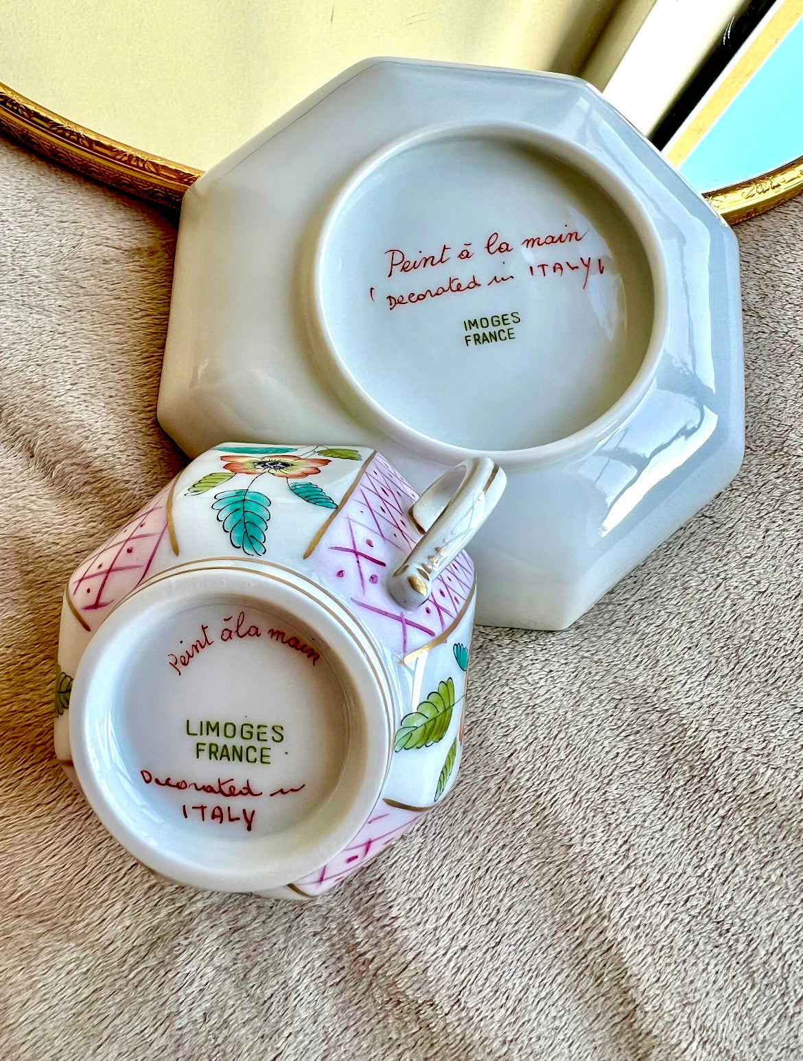 Very Unique Limoges France Vintage Porcelain Tea or Coffee Cup with Saucer & Floral Design, Decorated in Italy