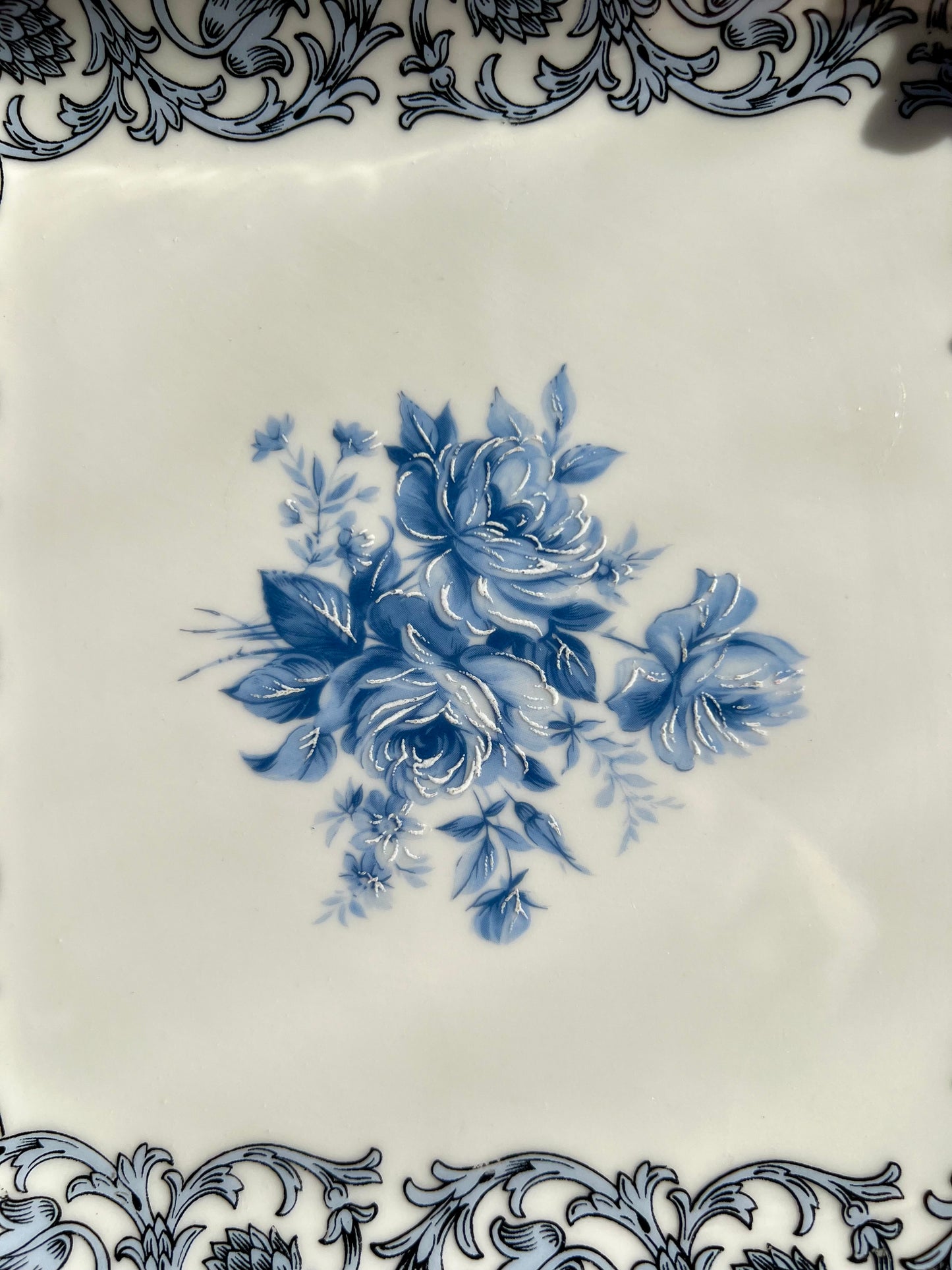 Bavaria Blue Floral Porcelain Square Plate with Decorative Metal Border