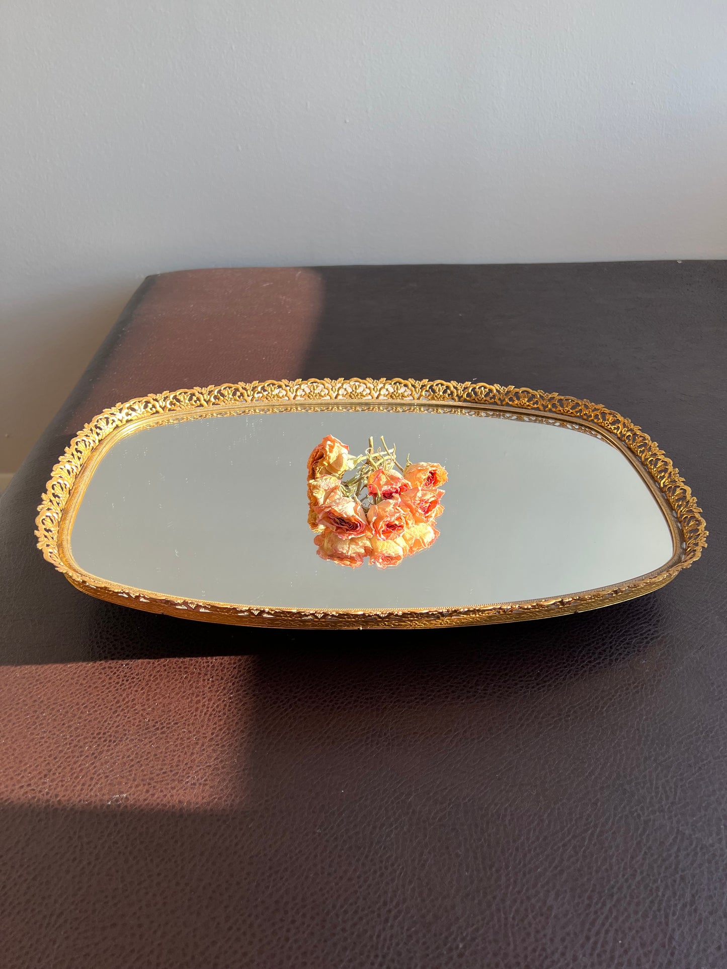 Mid Century Gold Brass Vintage Ormolu Vanity Perfume Tray Oval Mirror - Hollywood Regency