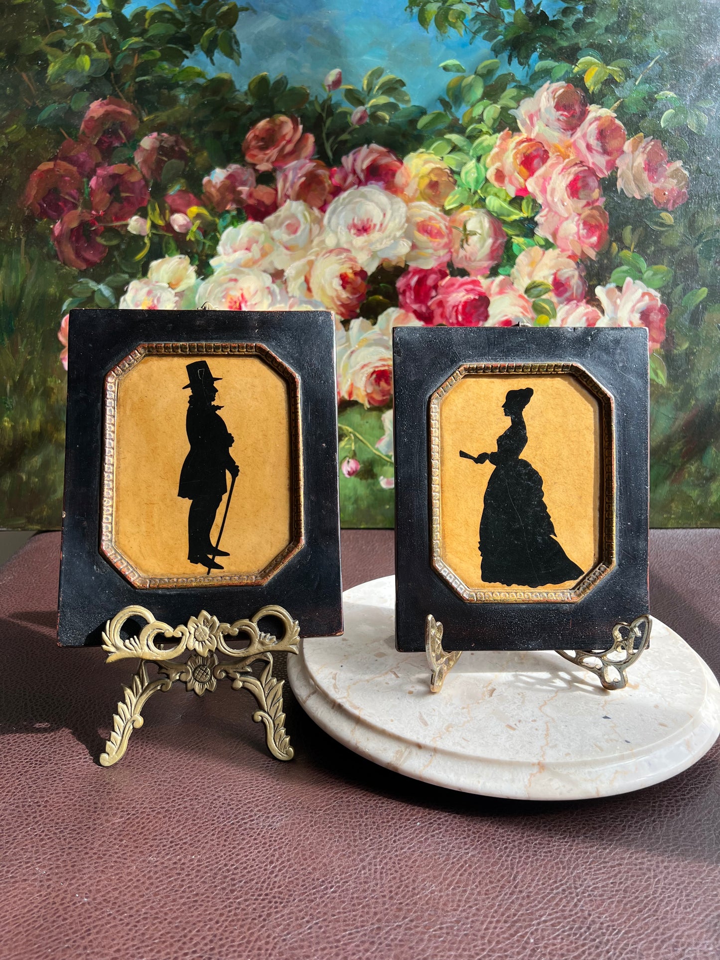 Antique Style Borghese Silhouette Plaque Portrait of a Victorian Lady and Gentleman with Wooden Framed (2 pc, a pair)