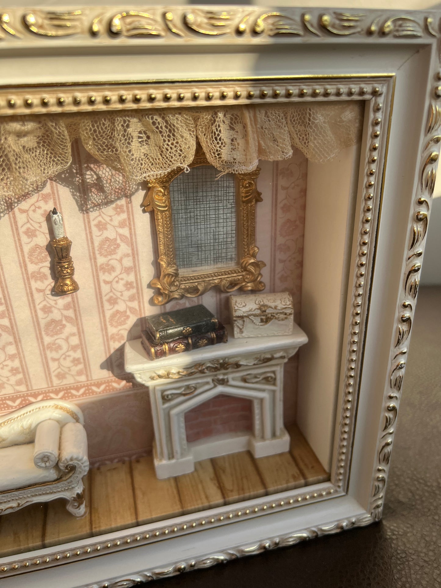 Victorian Inspired Miniature Dollhouse and Furnitures in Foyer Shadow Box, Vintage Wall Decor