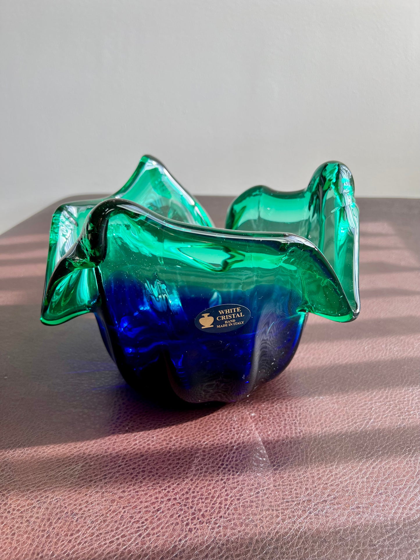 MURANO Blue and Green Extra Large Vintage White Crystal Glass Bowl, Decorative Dish or Vase - Made in Italy