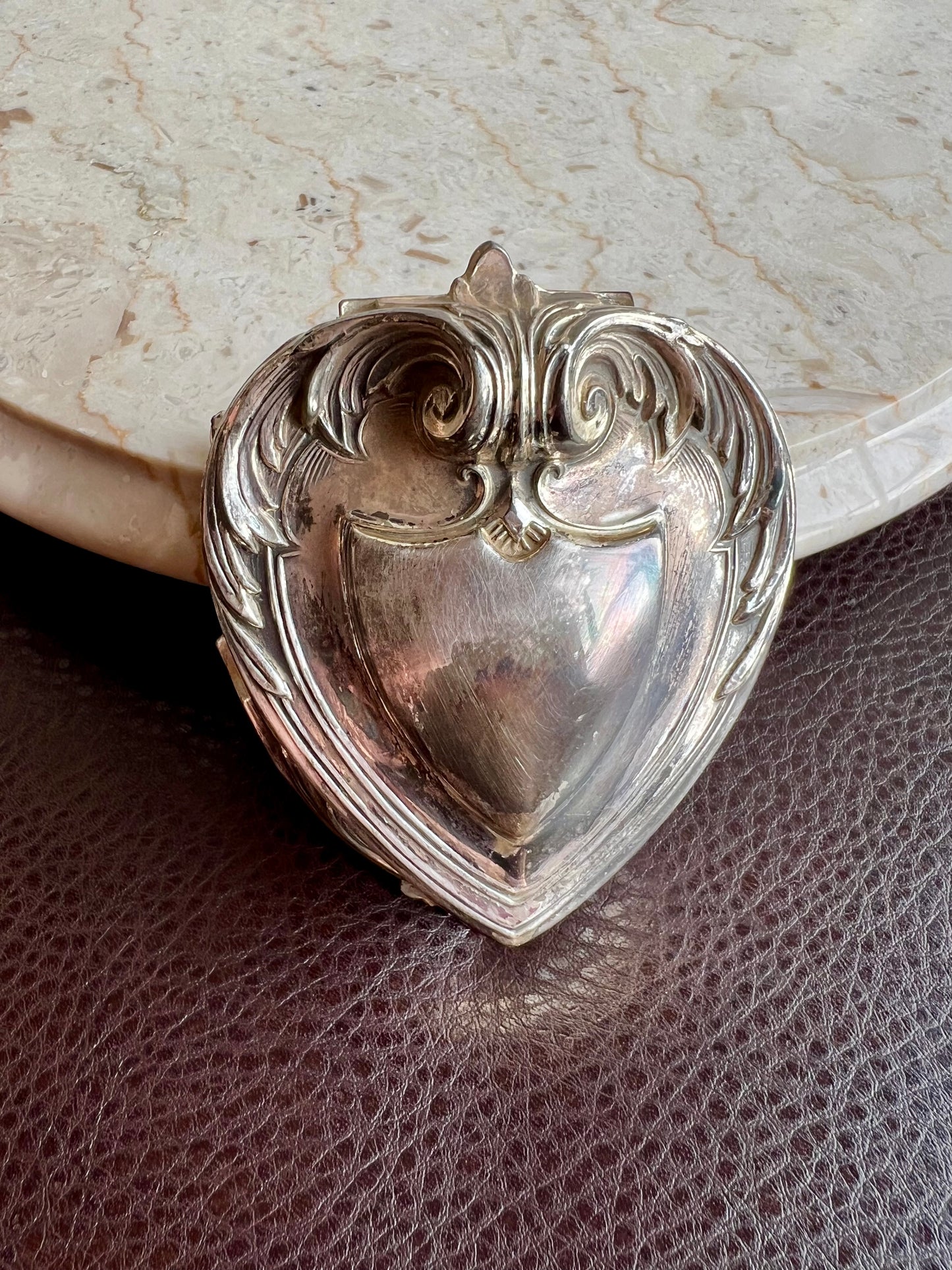 Antique Art Nouveau Silver Plated Heart Shaped Vintage Jewelry Ring Holder, Trinket Box, Blue Velvet Lined Interior